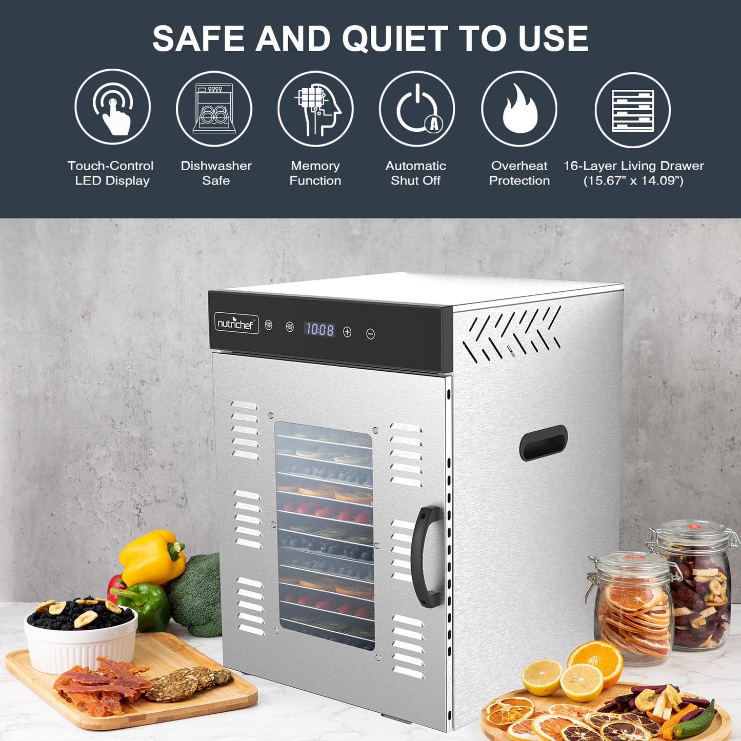 NutriChef Commercial Electric Food Dehydrator Machine - 16 Shelf Extra Large Capacity - Stainless Steel Trays - 1500-Watts, Digital Timer & Temperature Control - 18.58 x 19.10 x 24.88 IN