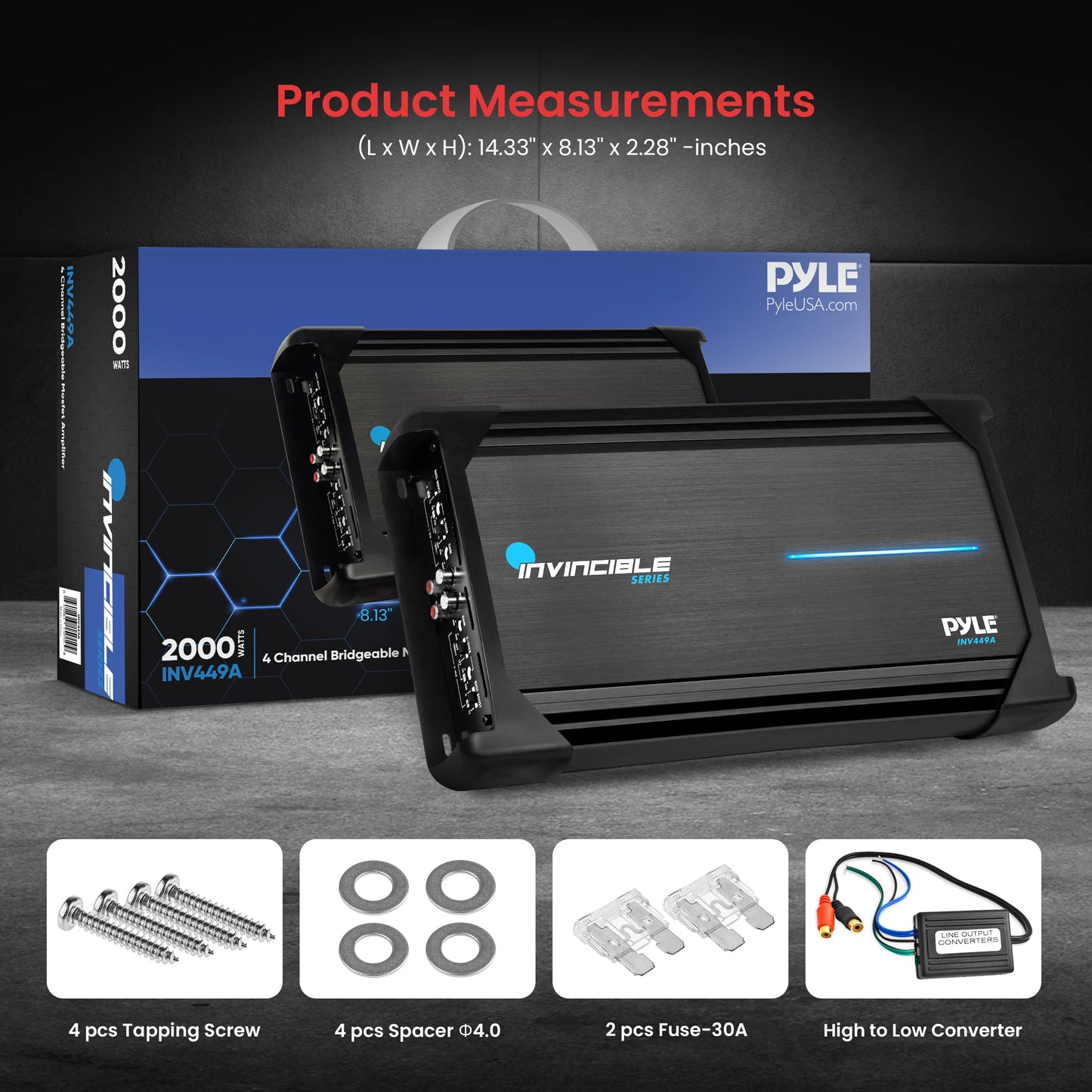 Pyle 14” Class AB Mosfet Amplifier - Invincible Series Bridgeable Amp, 4 Channel 2000 Watts Max, Mosfet PWM Power Supply, High-Current Dual Discrete Drive Stages, Advanced Protection Circuitry