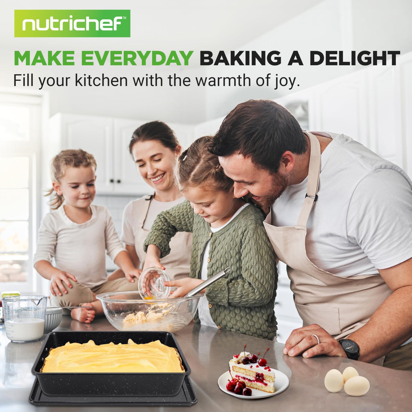 NutriChef 8-Piece Stackable Bakeware Set | Carbon Steel Non-Stick Baking Pan Set | Includes Sheet, Muffin, Round, Loaf, Square Cake & Deep Pans | No PFOA & PFOS | Oven Safe to 450 F (Black Marble)