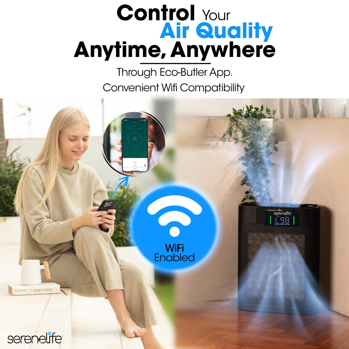 SereneLife HEPA Air Purifier for Home – Smart WiFi & App Control, Ultra-Quiet Air Purifier for Bedrooms & Large Rooms, Removes Dust, Pet Hair & Odors, Ideal for Pets & Allergies (1,076 Sq Ft, Black)