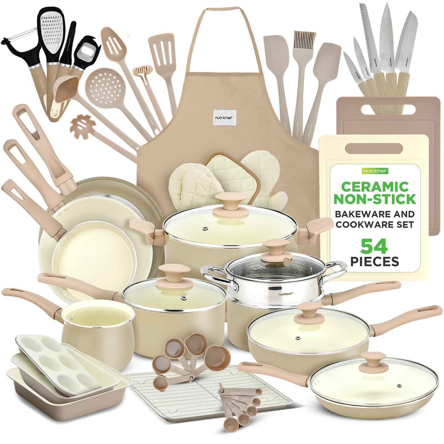 Nutrichef 54-Piece Marble Non-Stick Cookware and Bakeware Set, Professional Home Kitchen Collection with Multi-Sized Pots, Pans, and Heat-Resistant Tools