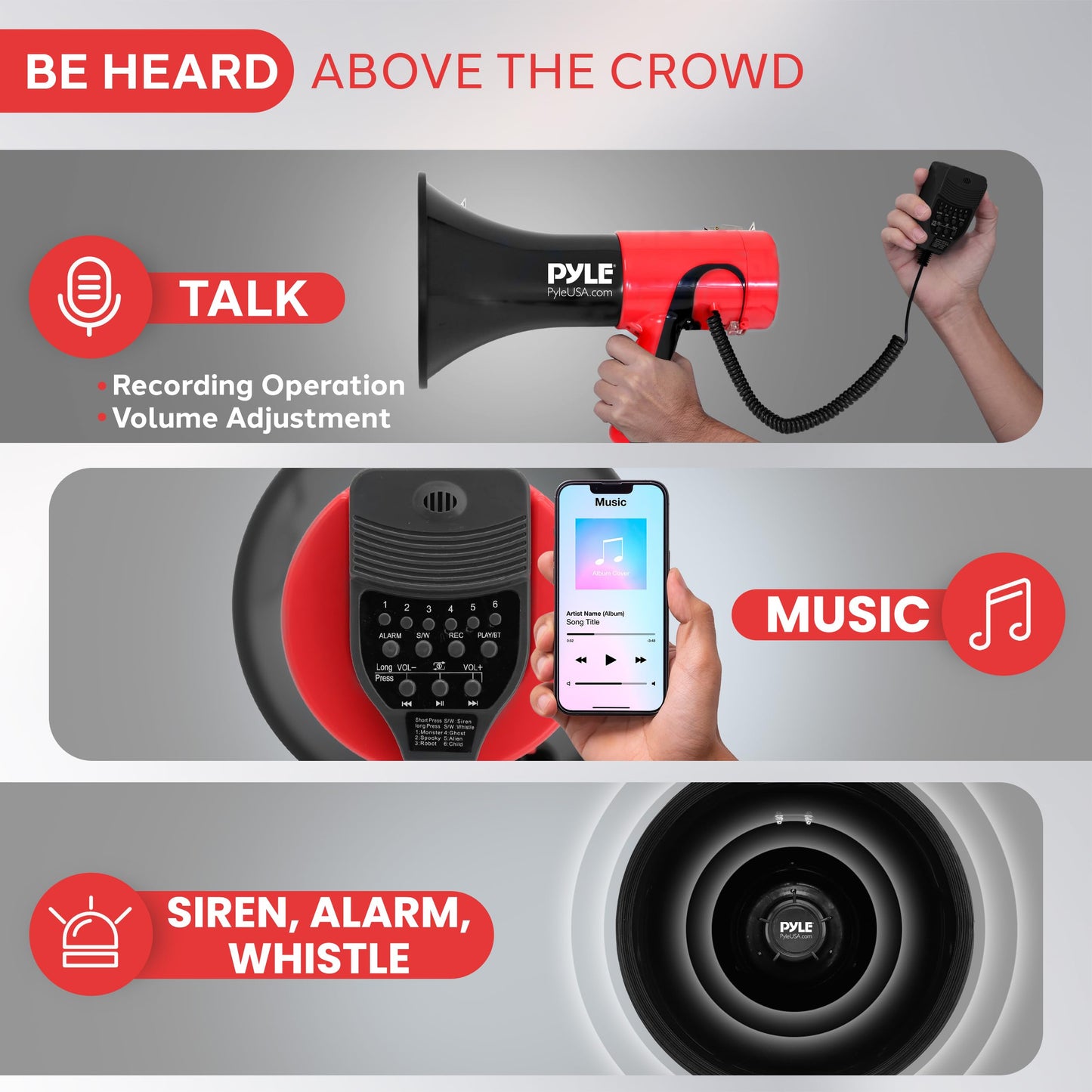Pyle Portable Megaphone Bullhorn - Bluetooth Compatible PA Speaker with Built-in Voice Changer, 1500 Yard Range, Siren, 100W Adjustable Vol Control, Loudspeaker for Outdoor Sports & Safety Drills