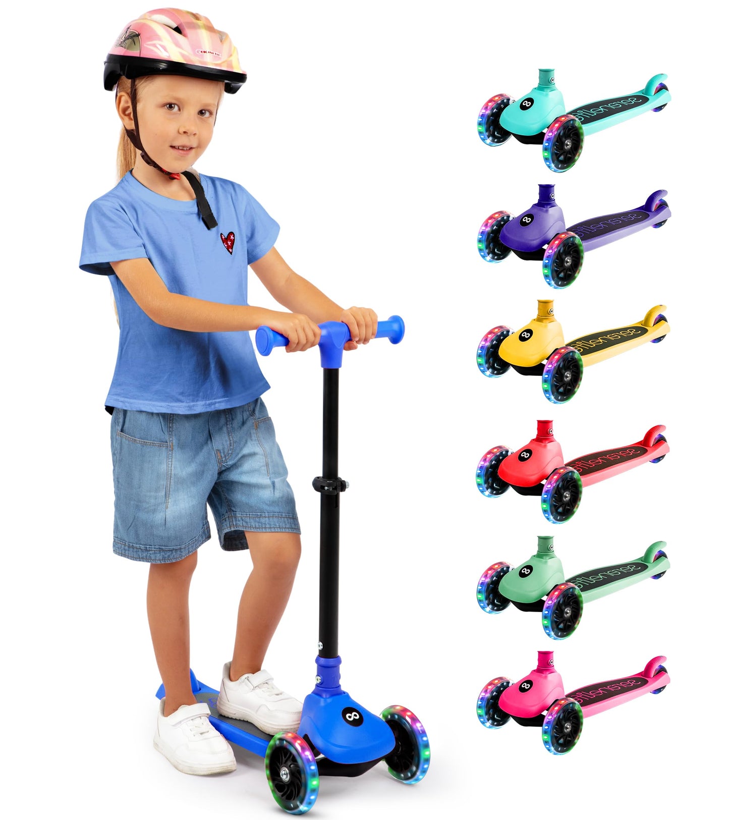 SereneLife 3-Wheel Foldable Kids Scooter – LED Wheel Lights, Adjustable Handlebar, Rear Foot Brake, Lean-to-Steer, Anti-Slip Deck – Ideal for Toddlers & Kids 3+, up to 110 lbs