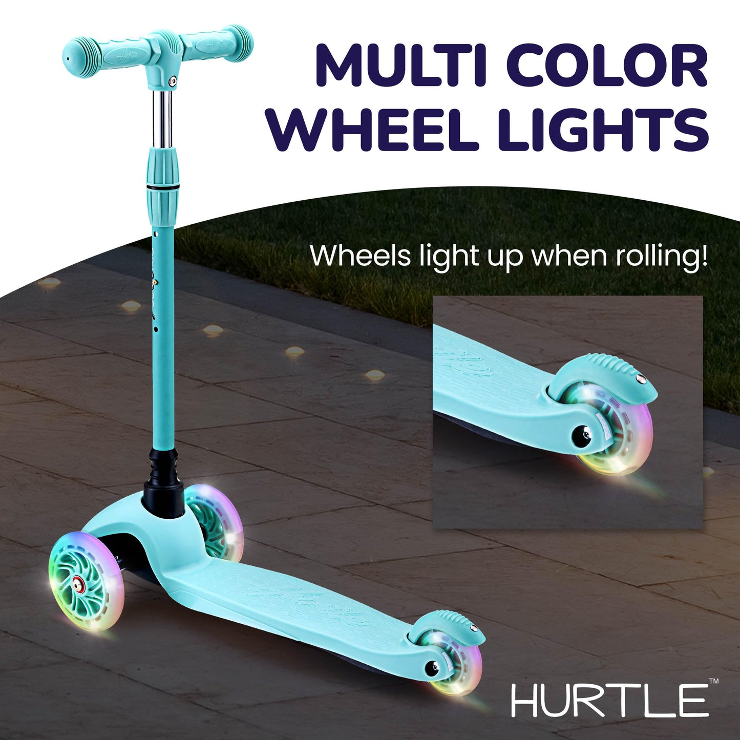 Hurtle Mini Kickboard Scooter for Kids - Height Adjustable 25''-28'', Lightweight 3-Wheel with LED Light-up Wheels, Anti-Slip,Indoor/Outdoor Fun, Micro Scooters for Ages 2-5 (Teal)