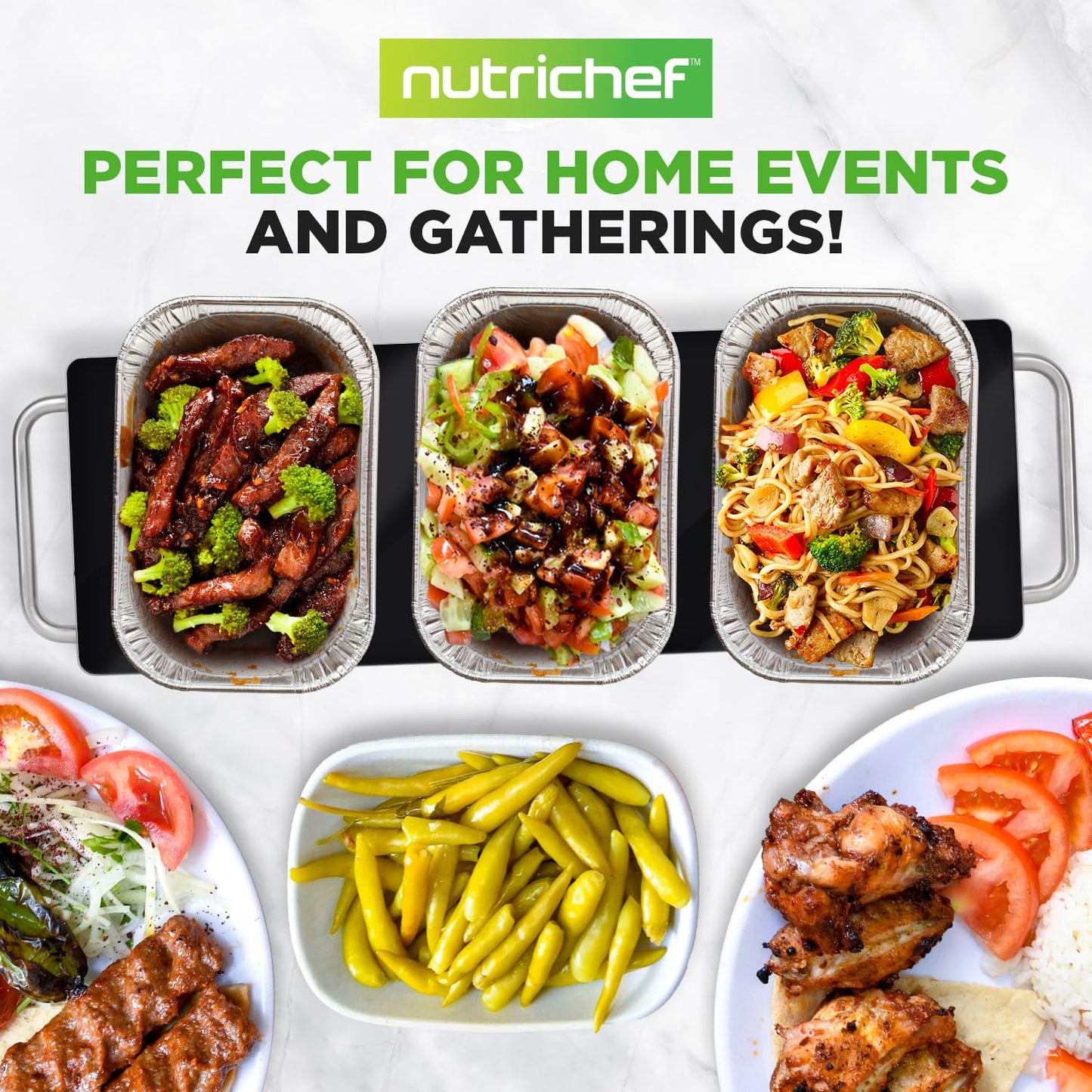 NutriChef Portable Electric Food Hot Plate-Stainless Steel Warming Tray&Dish Warmer with Black Glass Top-Keep Food Warm for Buffets,Restaurants,Parties&Home Dinners-22' x 6'-Heats up to 203°F
