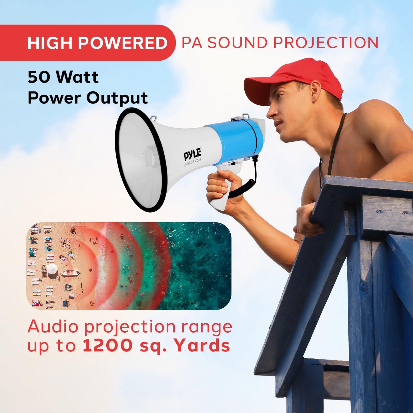 Pyle 50W Megaphone Bullhorn - Portable, Automatic Siren & Adjustable Volume,Projection Range Up to 1200 Square Yards, Aux Input, Talk, Siren, Music, Whistle, & Record, Shoulder Strap (White-Blue)