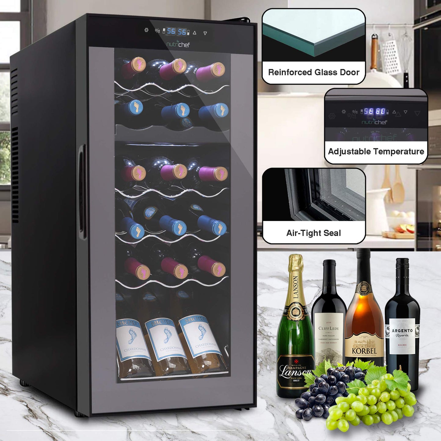 NutriChef PKCWCDS188 Freestanding Wine Fridge, 18 Bottle Dual Zone Beverage Cooler for Home & Office, 32x13x19 inches, Adjustable Temp 41-64F, Black