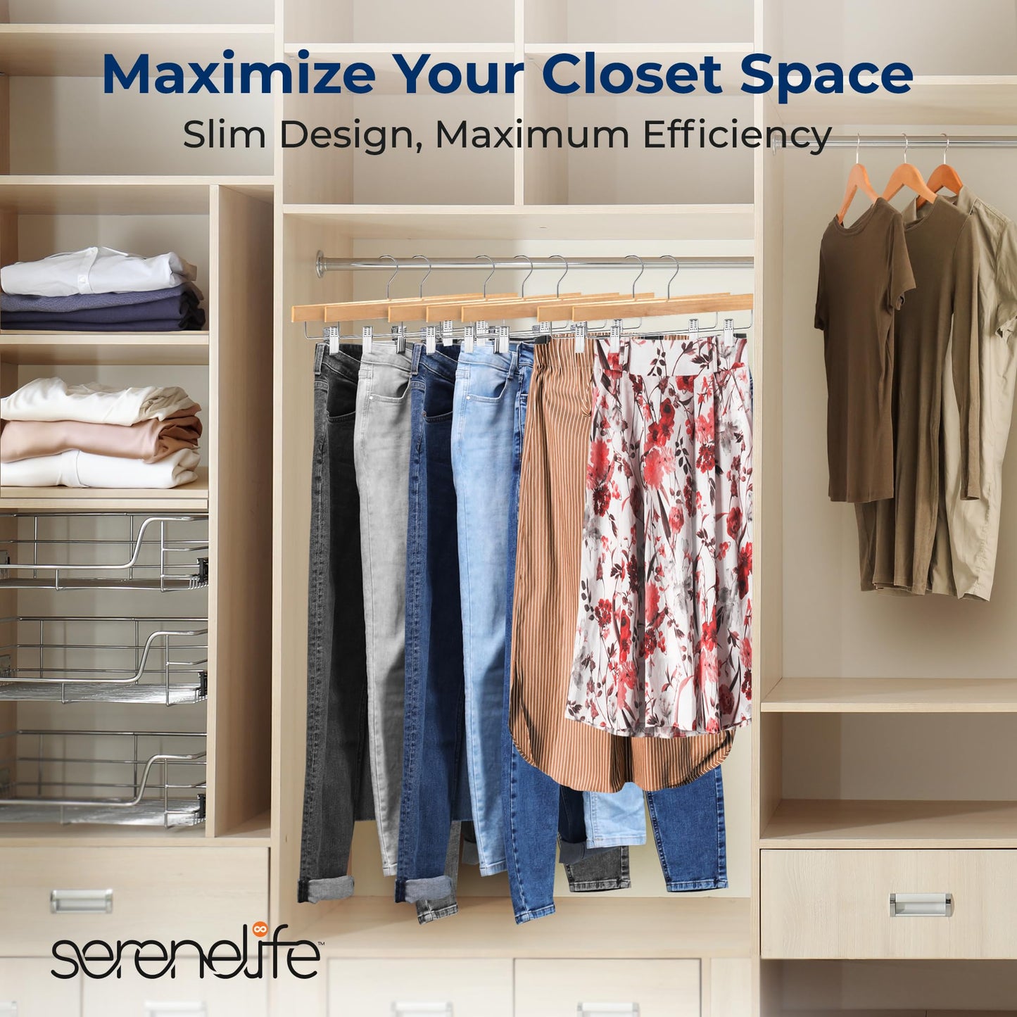 SereneLife 30 Pack Wooden Pants Hangers with Clips – Natural Wood 14"x0.5"x6.7", Heavy Duty Wood Skirt Hangers with 360° Swivel Hook & Adjustable Non-Slip Clips for Jeans Slacks Shorts