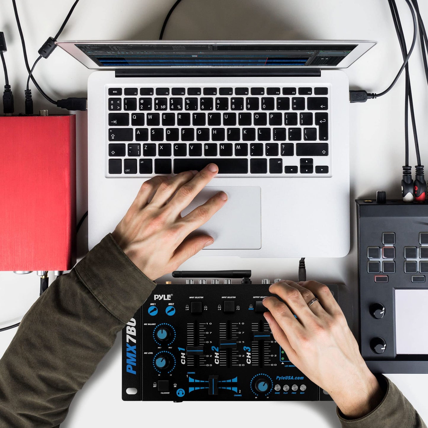Pyle, 3 Wireless Audio Machine-3 Channel Bluetooth Compatible DJ Controller Sound Mixer System with Mic-Talkover, USB Reader, Dual RCA Phono/Line in, Microphone Input, Headphone Jack PMX7BU