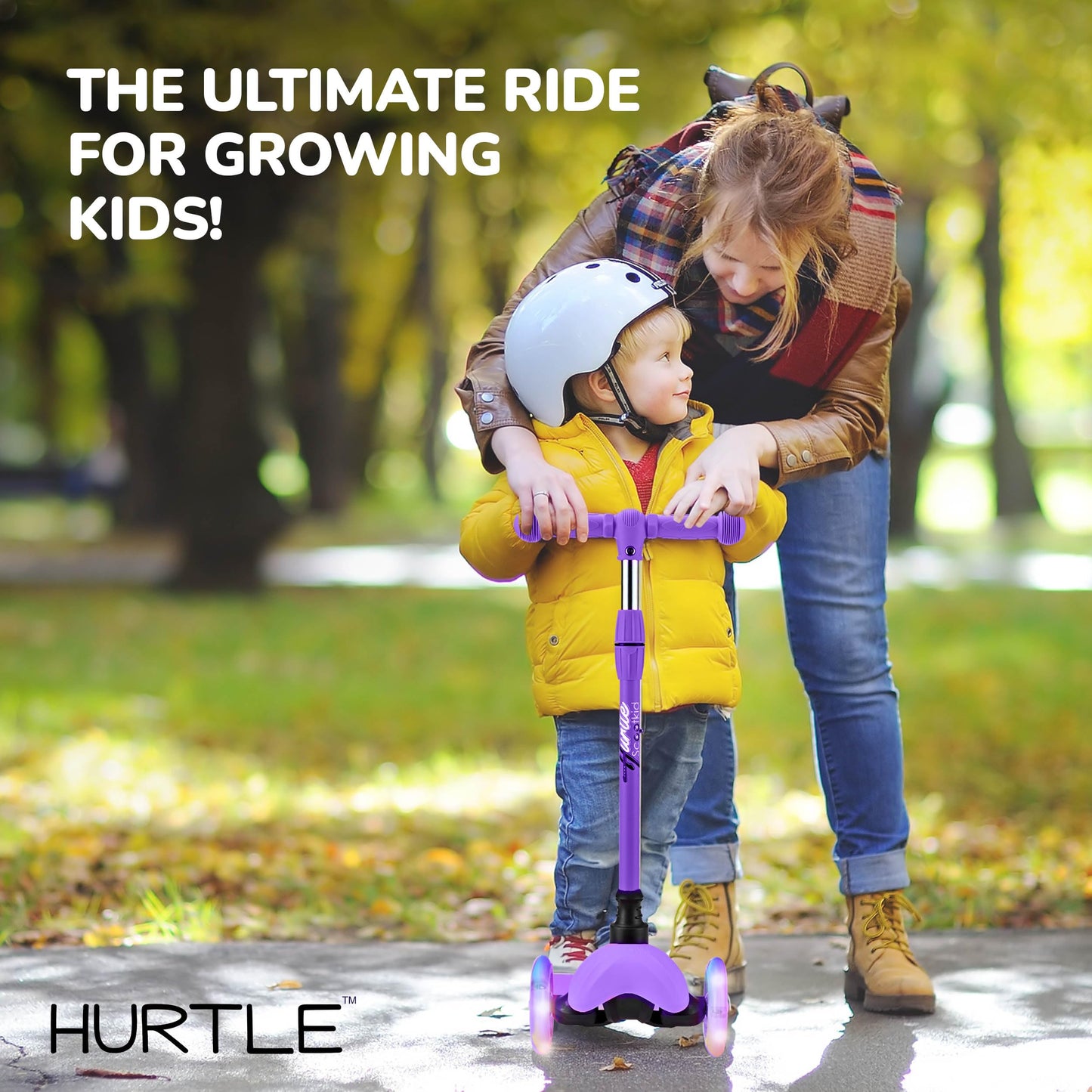Hurtle Mini Kickboard Scooter for Kids – Height Adjustable 25-28 Inches, 3-Wheel Toddler Micro Scooter with LED Light-up Wheels, Lightweight Riding Toy, Non-Slip, Indoor/Outdoor Fun, Ages 2-5 (Red)