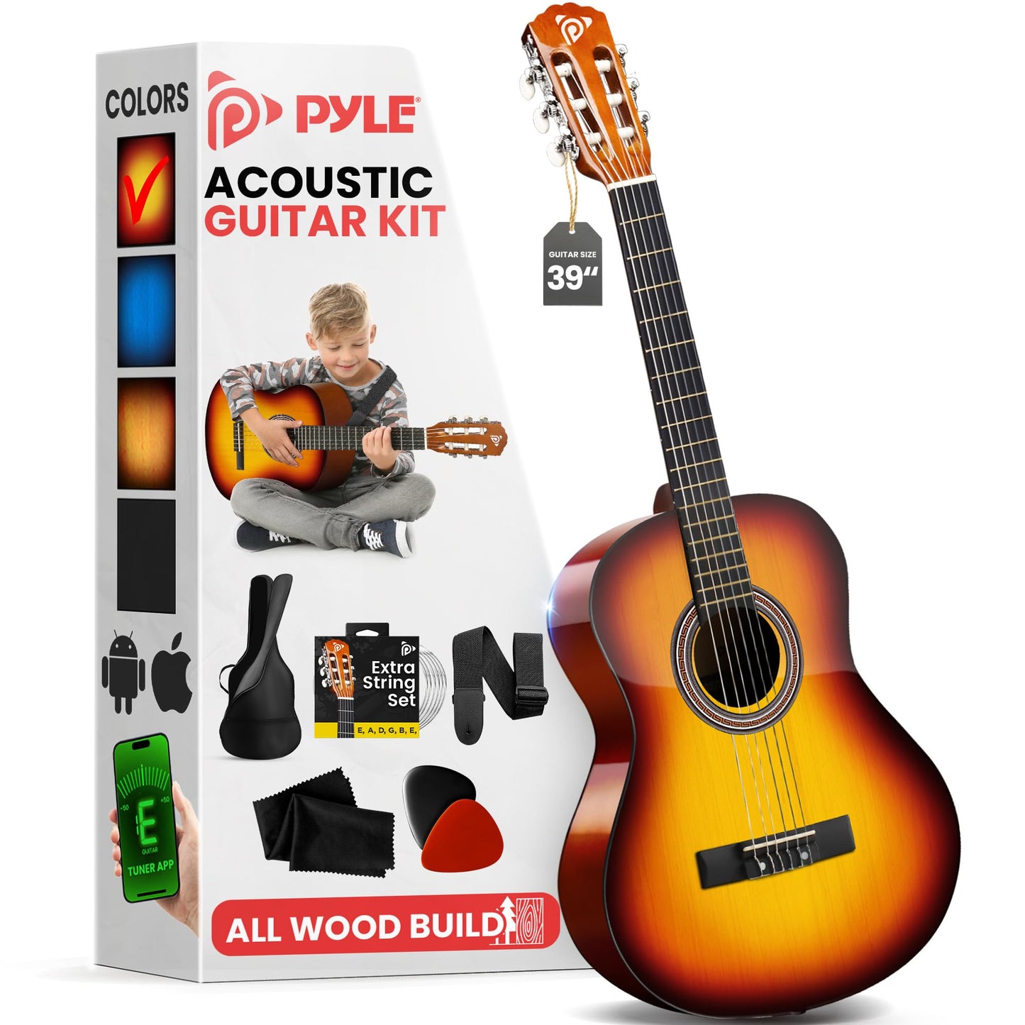 Pyle Beginner Acoustic Guitar Kit, 4/4 Full Size All Wood Instrument for Beginners, Adults, 39" Brown Gloss