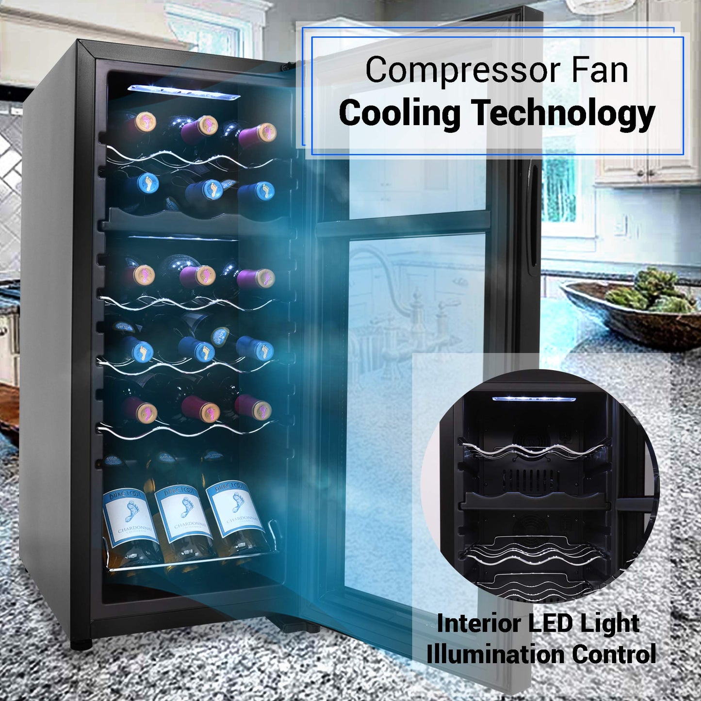 NutriChef PKCWCDS188 Freestanding Wine Fridge, 18 Bottle Dual Zone Beverage Cooler for Home & Office, 32x13x19 inches, Adjustable Temp 41-64F, Black