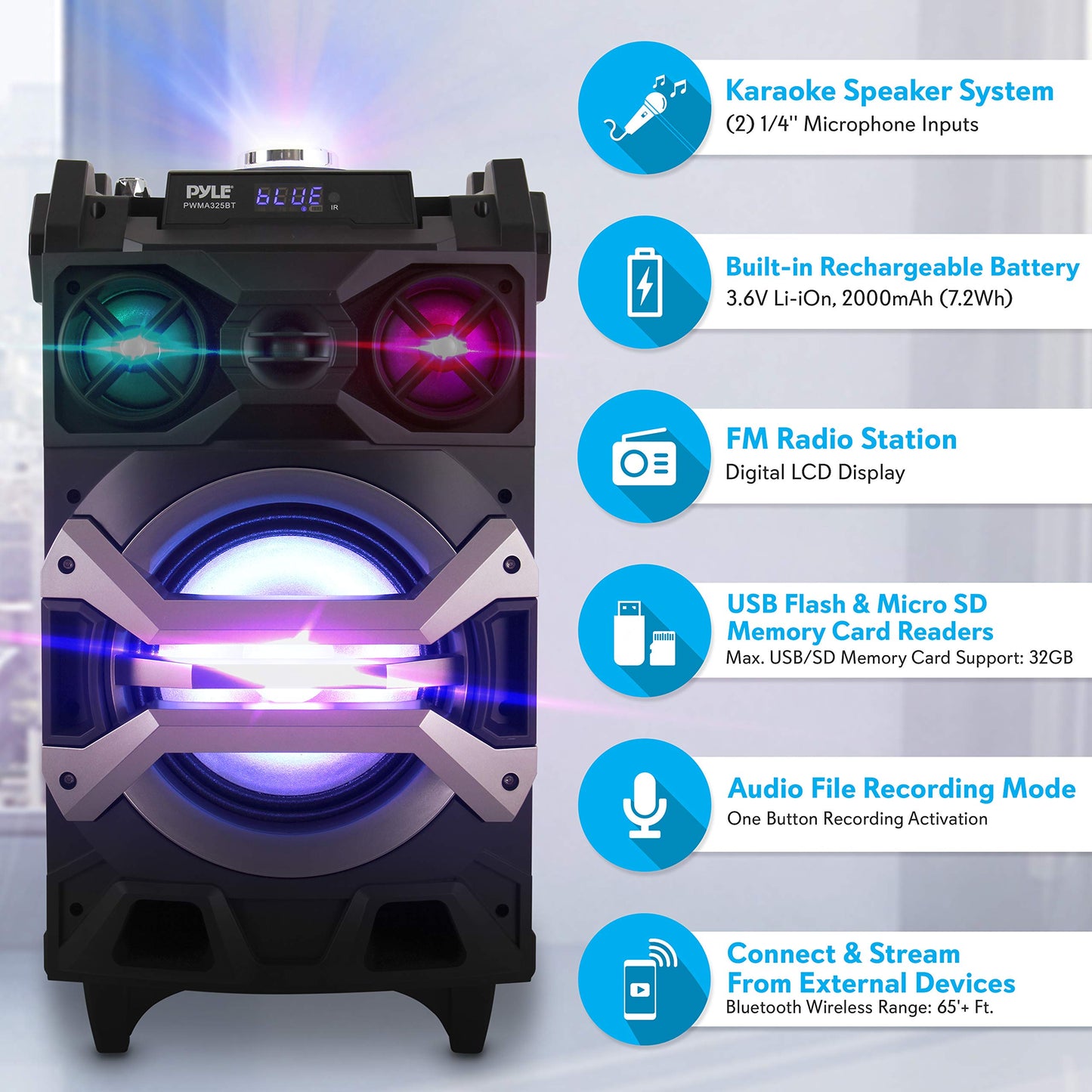 Pyle 500 Watt Portable BT Connectivity Karaoke Speaker System - PA Stereo with 8" Subwoofer, DJ Lights Rechargeable Battery Microphone, Recording Ability, MP3/USB/SD/FM Radio - PWMA325BT
