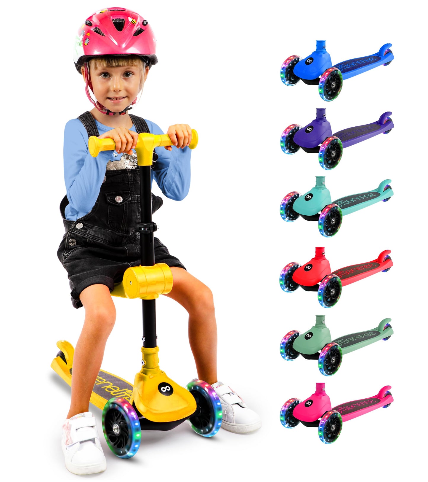 SereneLife 3 Wheel Foldable Kids Scooter - Foldable Seat, LED Wheel Lights, Adjustable Handlebar, Rear Foot Brake, Lean-to-Steer, Anti-Slip Deck, Ideal for Toddlers Kids 3+, up to 110Lbs, Yellow