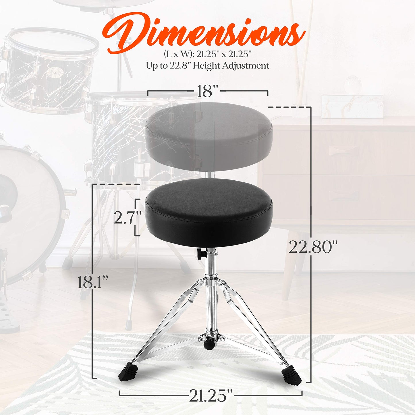 Pyle Adjustable Drum Throne Stool - Portable with Double-braced Tripod Legs, Foam-Cushioned Seat, Perfect for On Stage and in-Studio Use PSEATDRM28