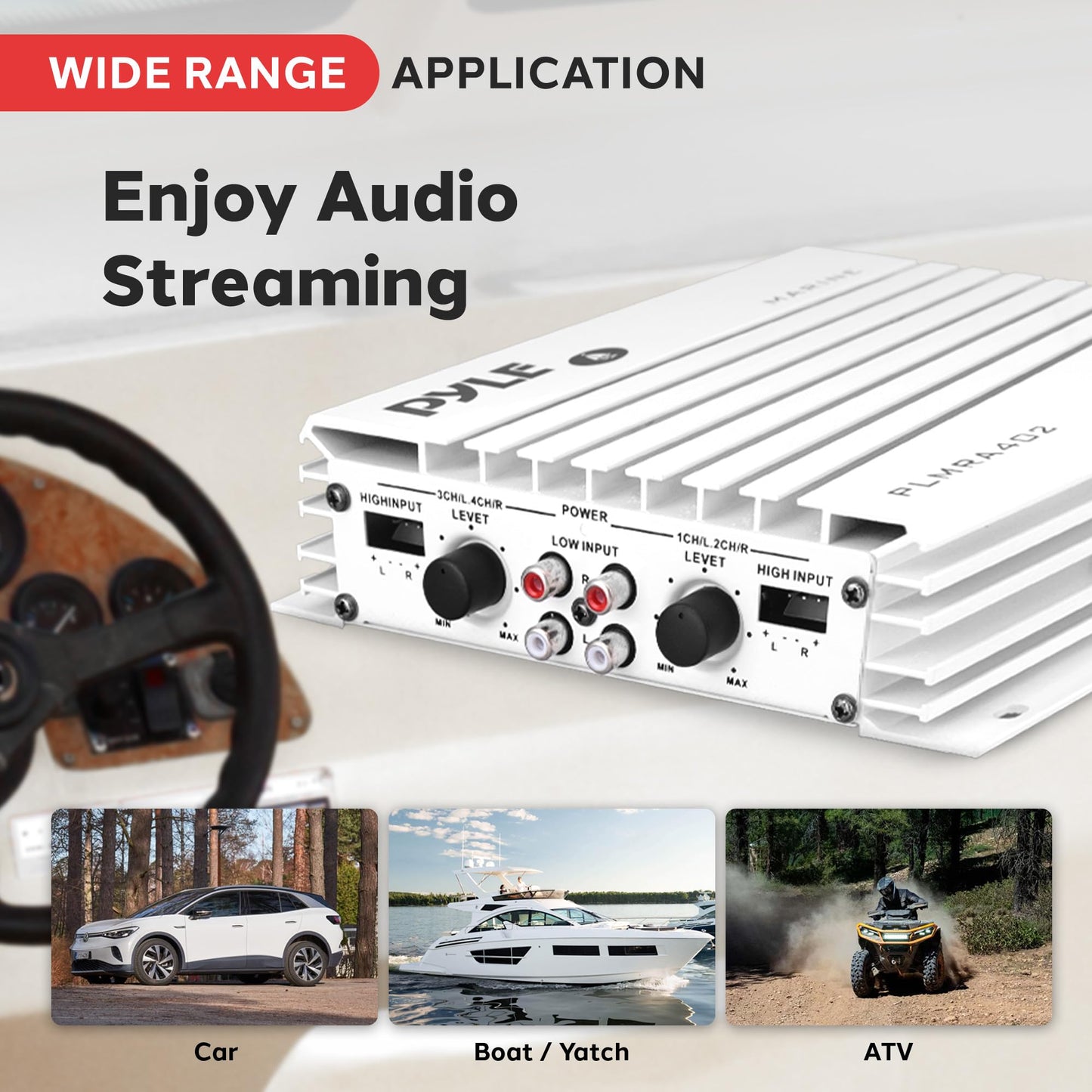 Pyle Hydra Marine 400W 4-Channel Amplifier - Waterproof with Dual MOSFET Power Supply - GAIN level Controls - RCA Input - LED Indicator - Compact Design for Boat/Vehicle Audio - PLMRA402