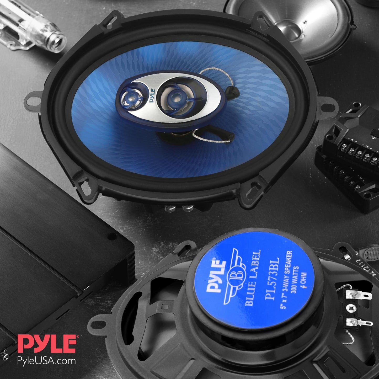 Pyle 5” x 7” Car Sound Speaker (Pair) - Upgraded Blue Poly Injection Cone 3-Way 300 Watts w/Non-fatiguing Butyl Rubber Surround 80-20Khz Frequency Response 4 Ohm & 1" ASV Voice Coil - PL573BL, Apple