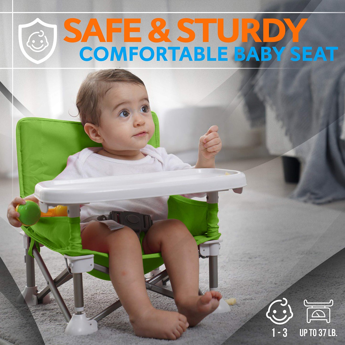 Serene Life Baby Seat Booster -Space Saver Toddler Booster Seat - Portable Pop and Open Sit Folding Booster Feeding Chair - Safety Belt/Food Tray/Travel Bag - SereneLife SLBS66G