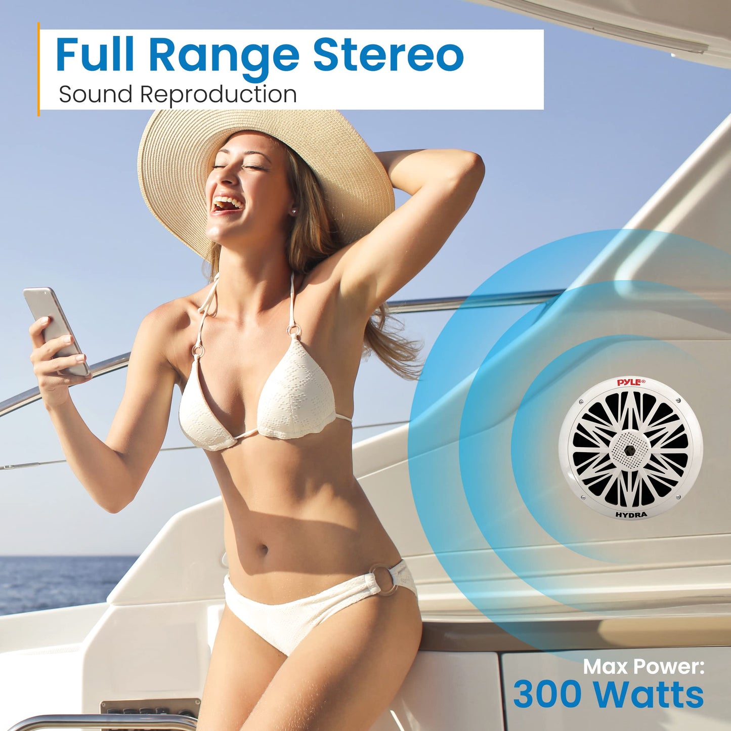 Pyle Marine Speakers, Waterproof, Weather Resistant, 8 Inch Dual, 10 Inch Outer Frame, 300 Watt Power, Poly Carbon Cone, Cloth Surround, Includes Mounting Hardware and Wires, White, PLMR82