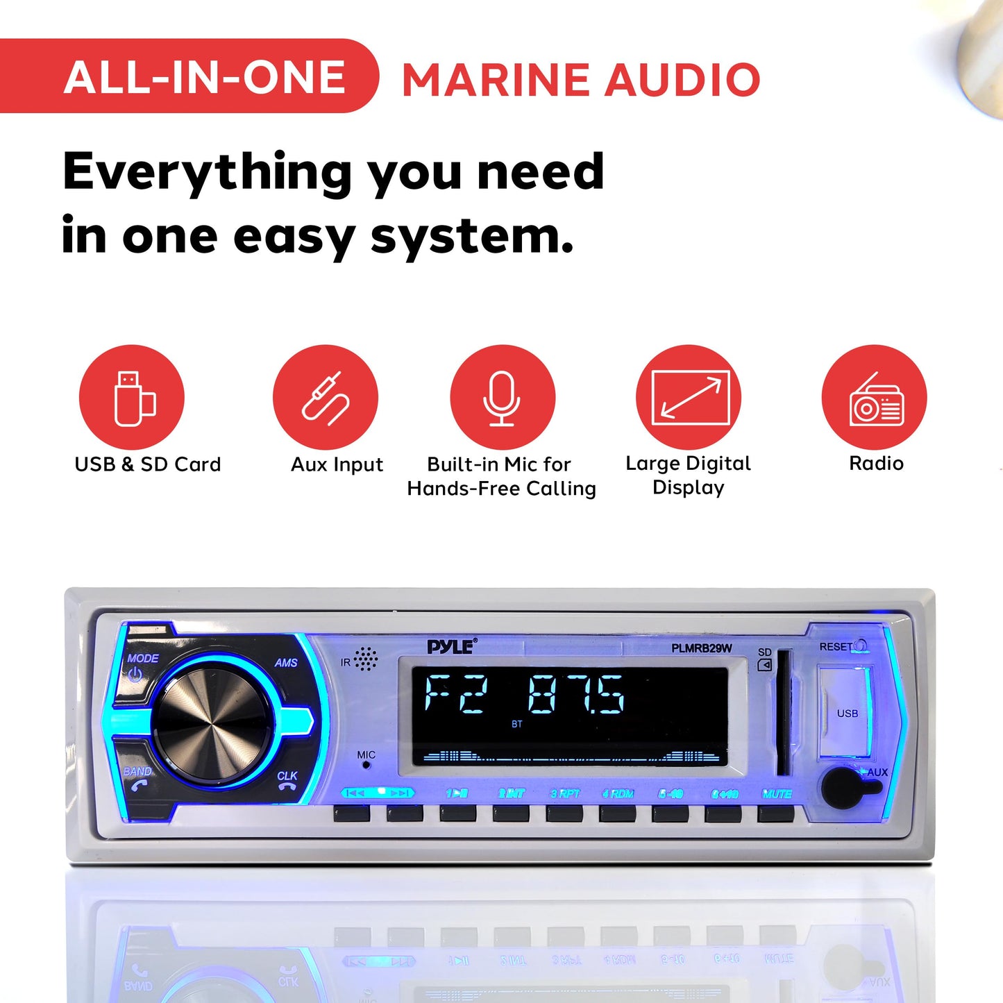 Pyle Marine Bluetooth Stereo Radio - 12V Single DIN In-Dash Receiver for Boat Audio with Built-In Mic - Digital LCD - MP3/USB/SD Playback - AM/FM Radio - RCA Output - Remote Control - PLMRB29W
