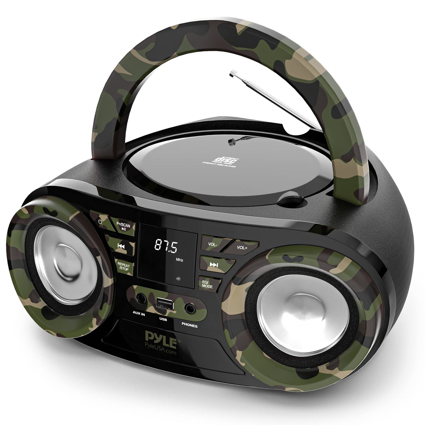 PYLE CD PLAYER PORTABLE, CD PLAYERS FOR HOME, PORTABLE CD PLAYER - 50 Watts Max Power, Bluetooth 5.0, AM/FM Stereo Radio, USB/AUX Input, Battery/AC Powered, Camouflage Design, Includes AC/DC Cord