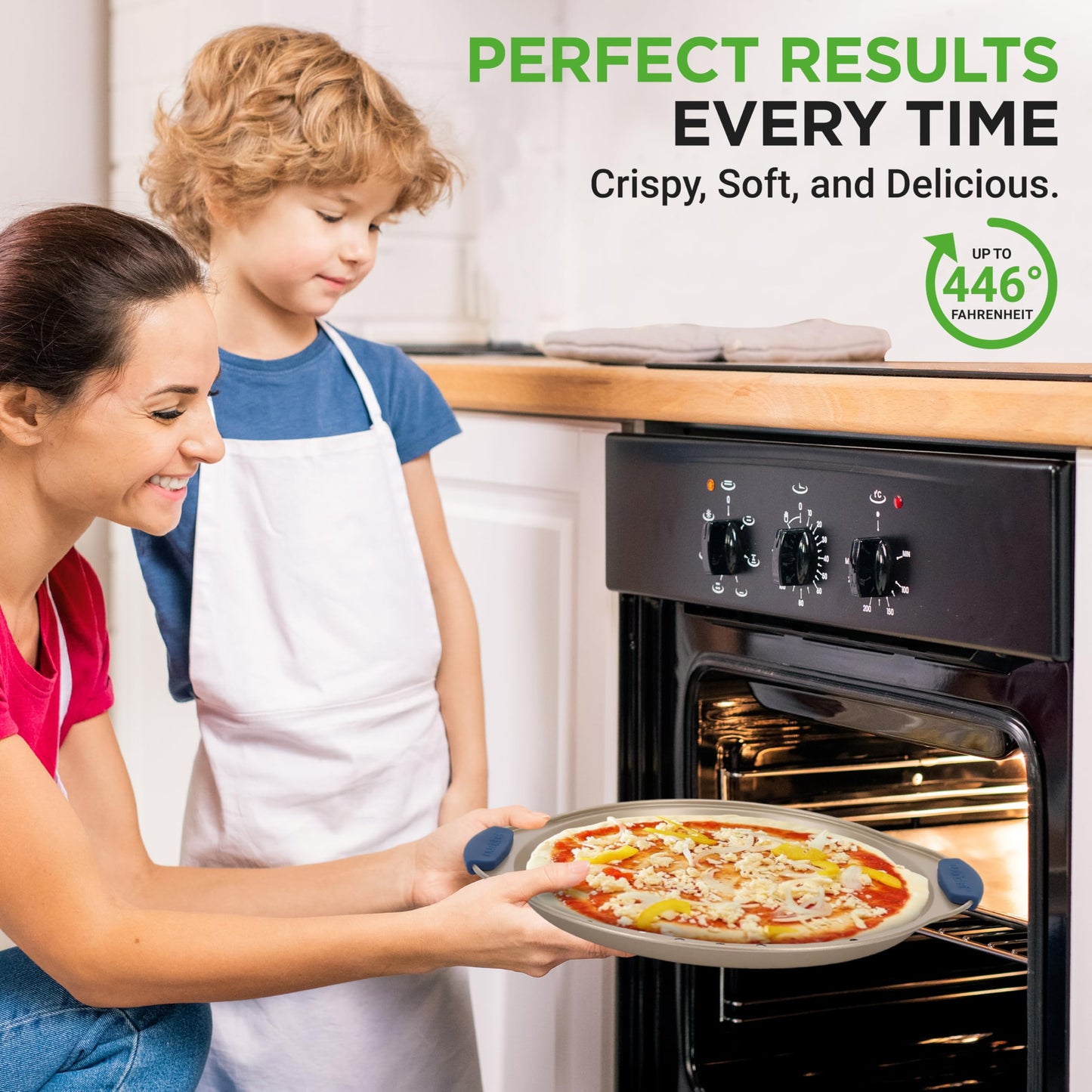 NutriChef 3-Piece Pizza Tray Set with Silicone Handles - Round Nonstick Pizza Pan with Perforated Holes, Durable Carbon Steel, Small, Medium, Large Sizes - Ideal for Crispy, Evenly Baked Pizzas (Gold)