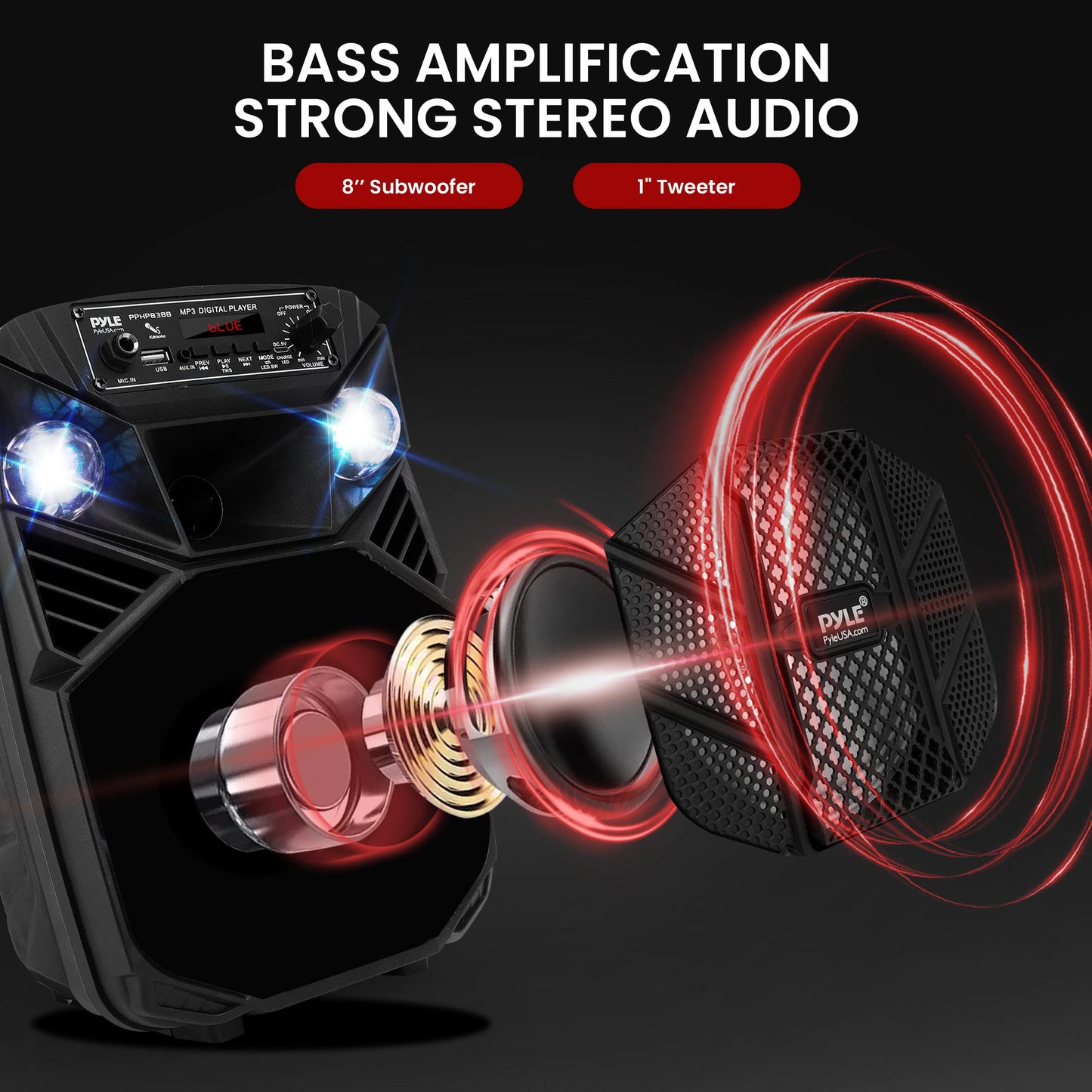 Pyle Bluetooth PA Speaker System - 300W Rechargeable Outdoor Bluetooth Speaker Portable PA System w/ 8” Subwoofer 1” Tweeter, Microphone in, MP3/USB, Radio, Remote - Pyle PPHP838B, Black