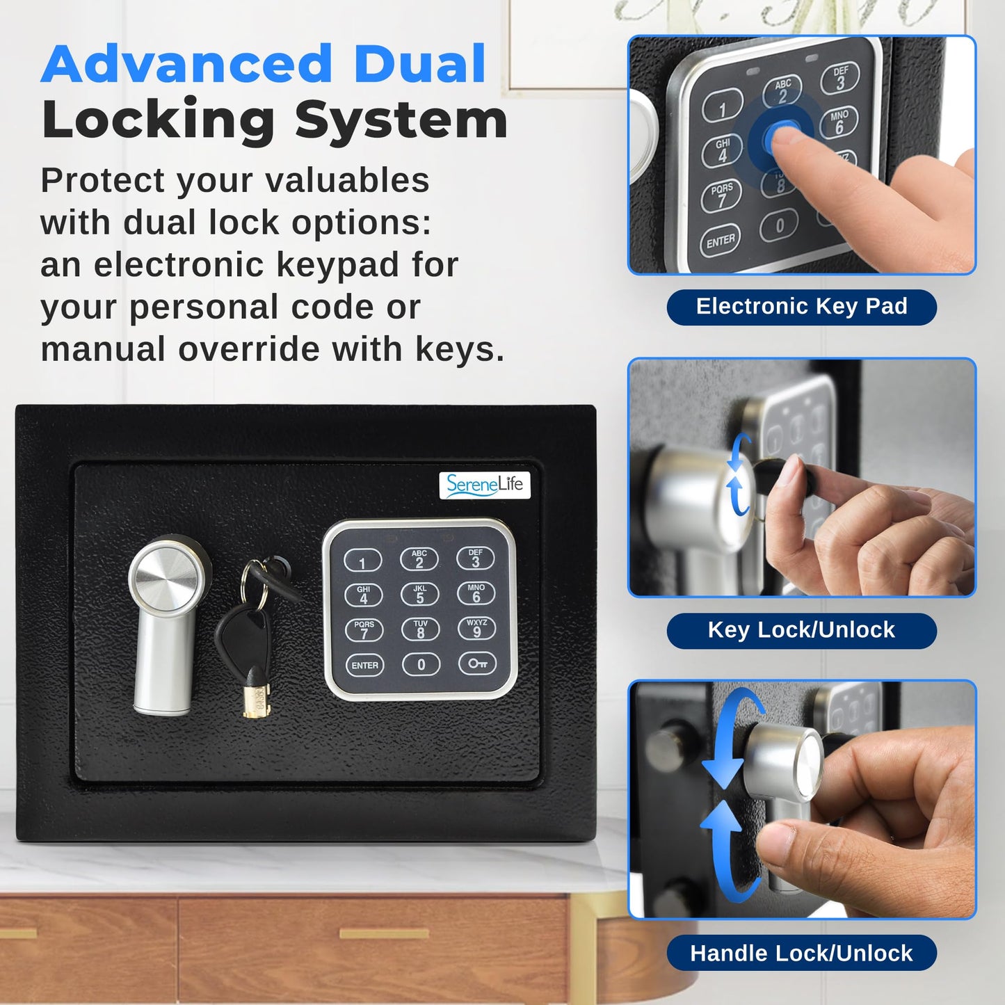 SereneLife Premium Steel Digital Safe Box - 9.1" x 6.7" x 6.7" | Secure Storage for Cash, Firearms, Jewelry & More | Great For Hotels, Cabinets & Home Use | Electronic & Mechanical Access - 2 Keys