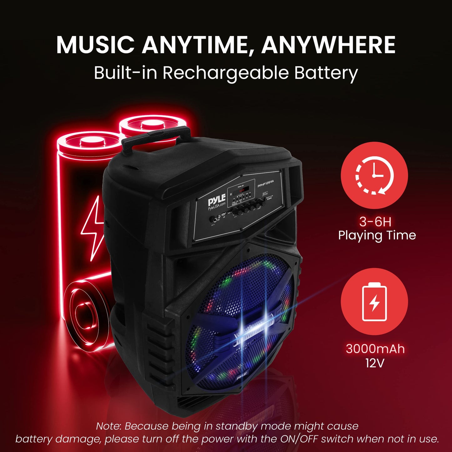 Pyle 12'' Portable Bluetooth Speaker System - 1000W Karaoke Speaker w/ LED Lights, USB/Micro SD/FM/BT/Aux/Remote Control/Mic & Guitar Inputs, Built-in Rechargeable Battery w/ Wheels & Handle Bar