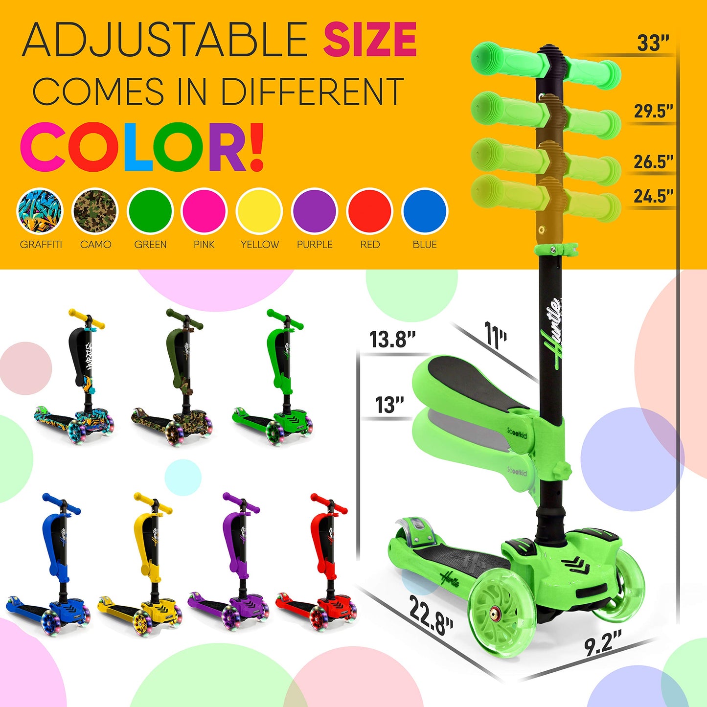 Hurtle Kids Scooter - Child Toddler Kick Scooter Toy with Foldable Seat - 3 Wheel Scooter with Adjustable Height, Anti-Slip Deck, Flashing Wheel Lights, for Boys/Girls 1-12 Year Old, Green
