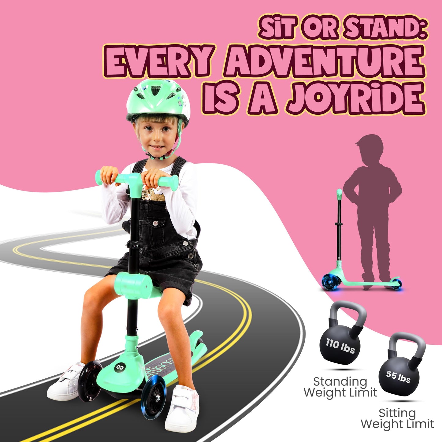 SereneLife 3 Wheel Foldable Kids Scooter - Foldable Seat, LED Wheel Lights, Adjustable Handlebar, Rear Foot Brake, Lean-to-Steer, Anti-Slip Deck, Ideal for Toddlers Kids 3+, up to 110Lbs, Mint Green