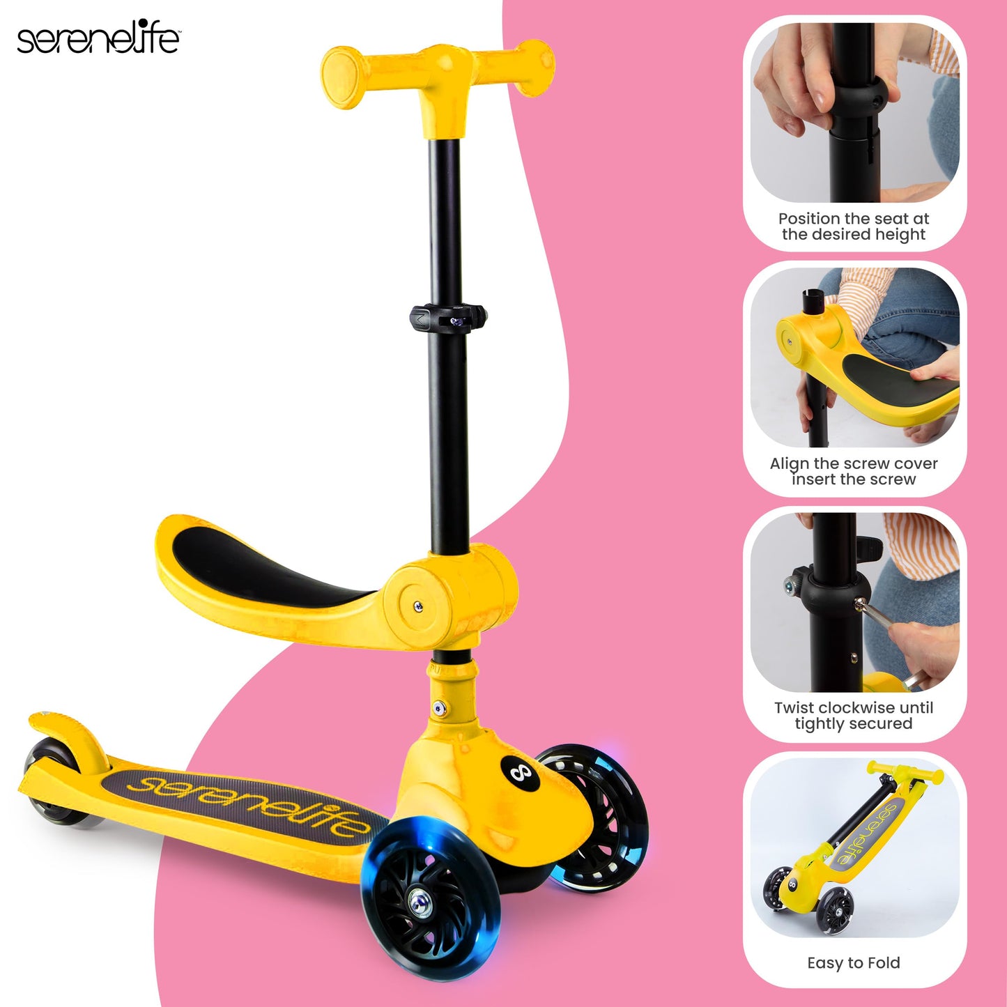 SereneLife 3 Wheel Foldable Kids Scooter - Foldable Seat, LED Wheel Lights, Adjustable Handlebar, Rear Foot Brake, Lean-to-Steer, Anti-Slip Deck, Ideal for Toddlers Kids 3+, up to 110Lbs, Yellow