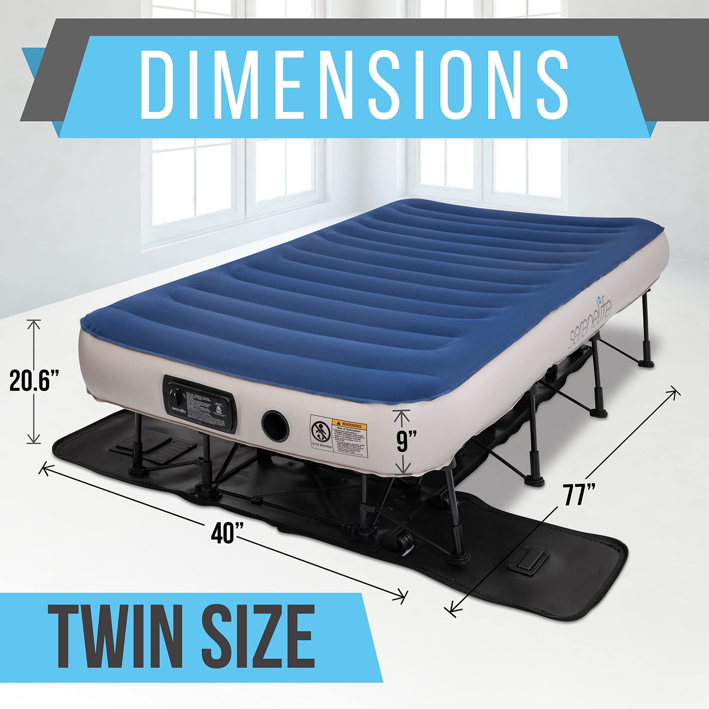 SereneLife EZ Bed Air Mattress with Frame and Rolling Case, Self-Inflating Airbed with Built in Pump for Travel and Hosting, Twin