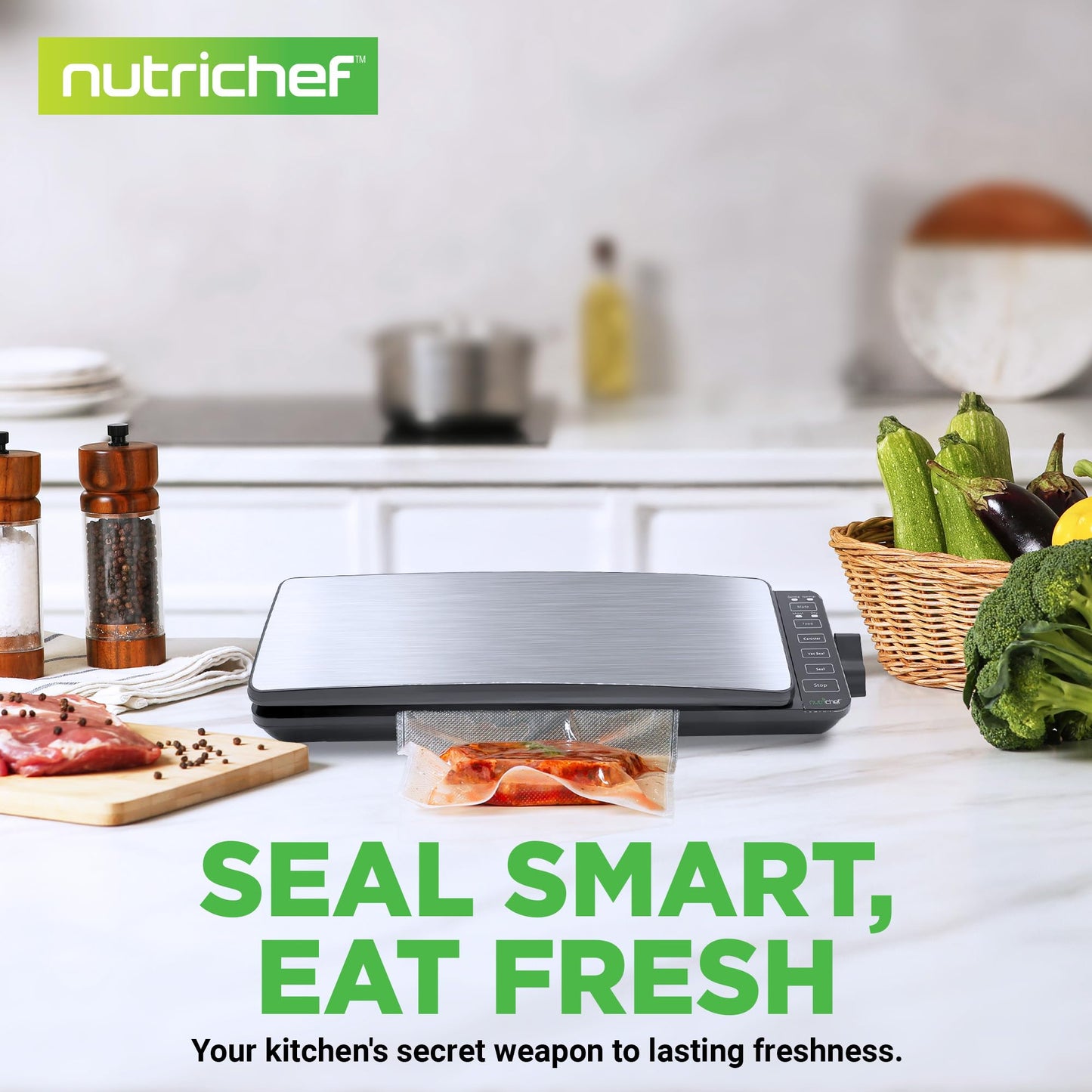 NutriChef Automatic Food Vacuum Sealer System - 110W Suction Power w/ 2 Seal Modes, Includes Vac Roll Bags, Air Hose - PKVS35STS