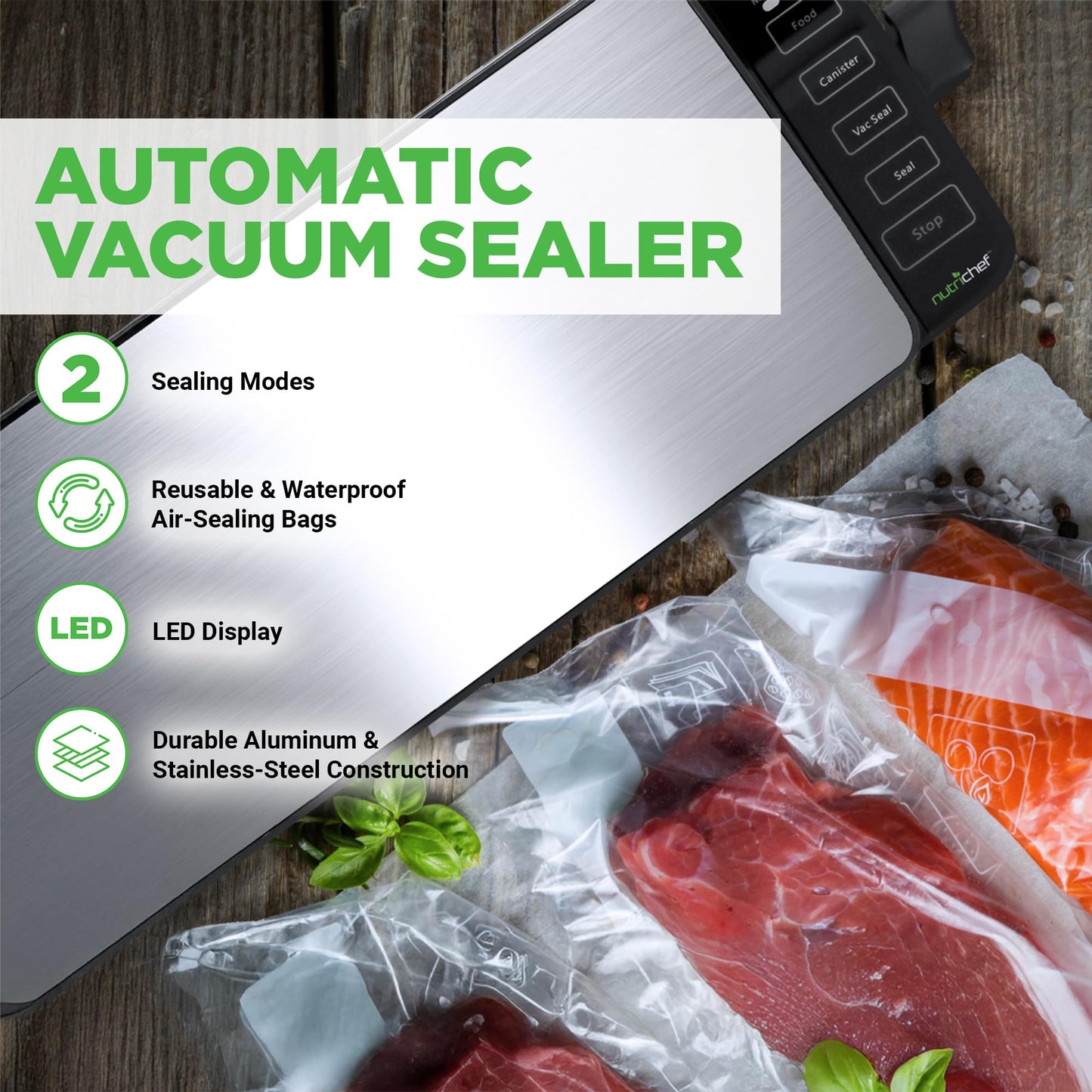 NutriChef Automatic Food Vacuum Sealer System - 110W Suction Power w/ 2 Seal Modes, Includes Vac Roll Bags, Air Hose - PKVS35STS