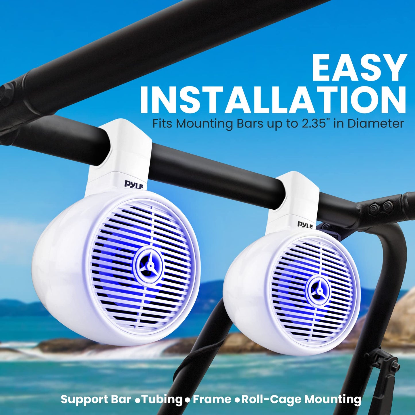 Pyle Bluetooth Waterproof Off-Road Speakers - 6.5” 200W 2-Way Marine Wakeboard Tower Sound System w/ LED Light, Full Range Outdoor Stereo Speaker for Car ATV UTV, Jeep, Boat, Includes Brackets (White)