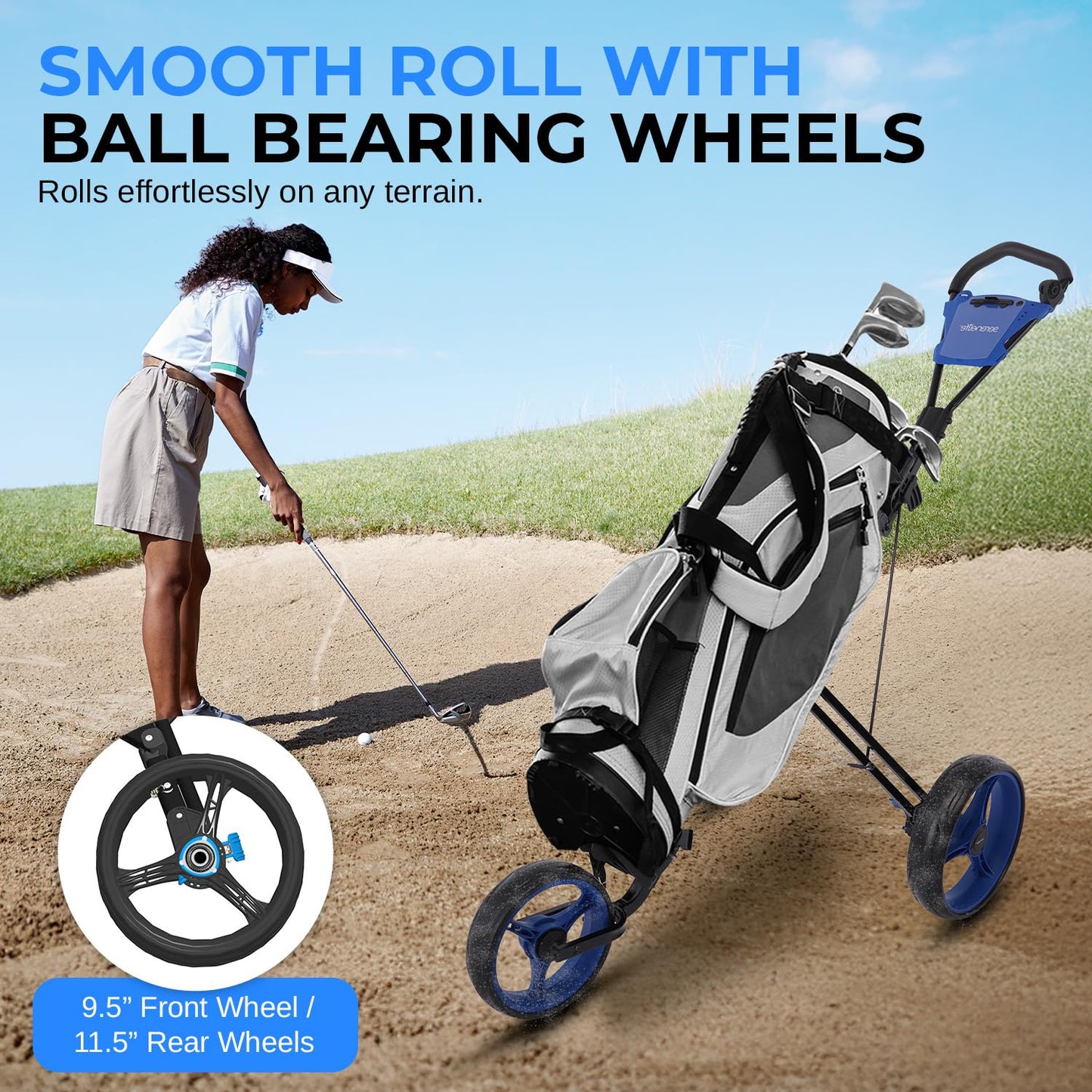 SereneLife 3-Wheel Golf Push Cart – Foldable Steel Frame Trolley w/ Deluxe Scorecard Holder, Adjustable Handle, Quick Brake, Bag Strap, Lightweight Compact Caddy – SLGZX9