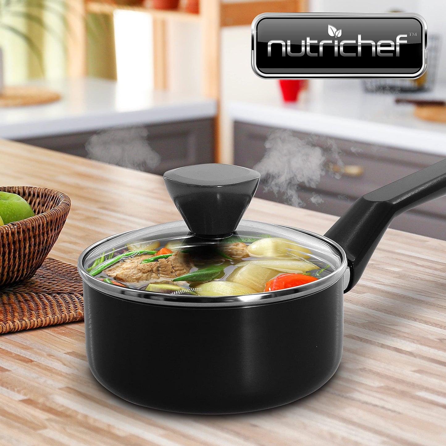 NutriChef Saucepan Pot with Lid - Non-Stick High-Qualified Kitchen Cookware with See-Through Tempered Glass Lids, 1 QT. (Works with Model: NCCWA13)