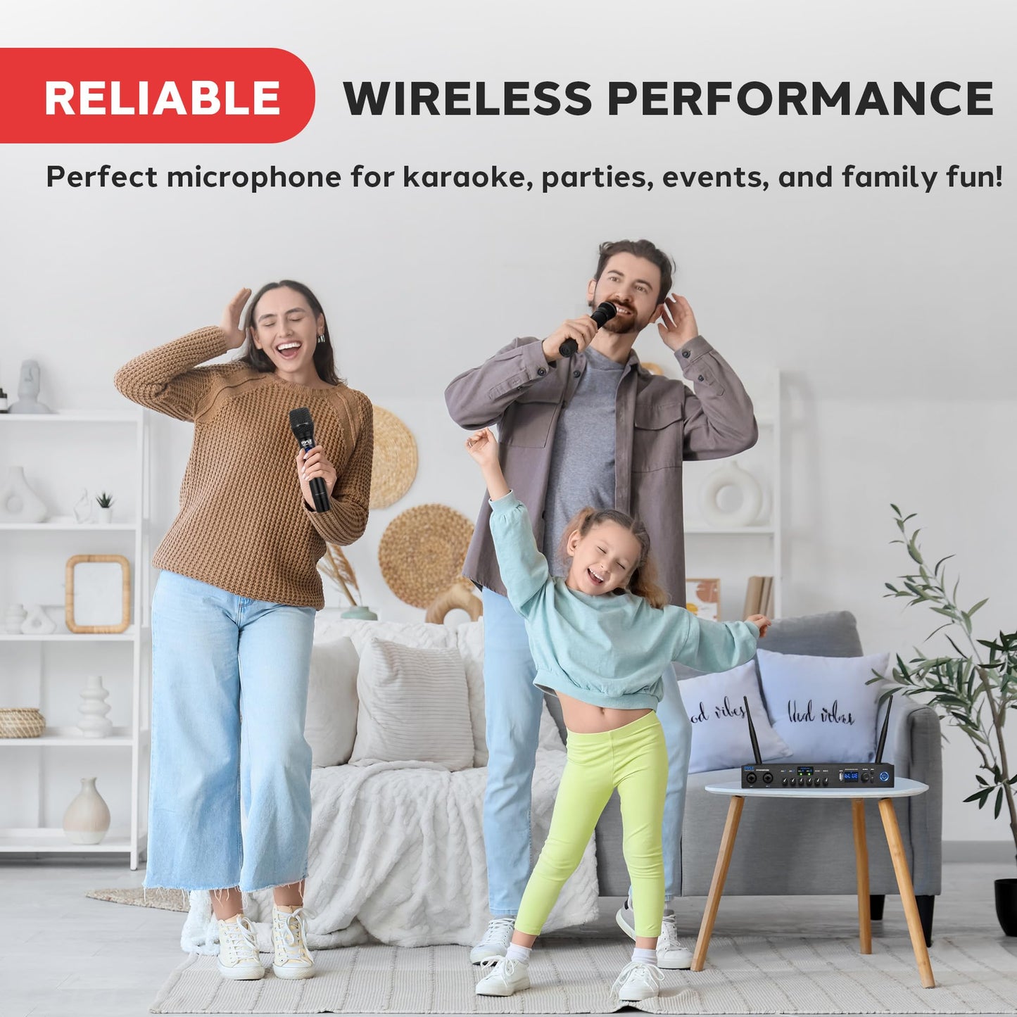 Pyle UHF Wireless Microphone System - Portable Digital Audio Sound Mixer Receiver w/Bluetooth, 2 Handheld Mic, Receiver Base, Addressable Frequency, Great for Home Karaoke & Professional Use, Black