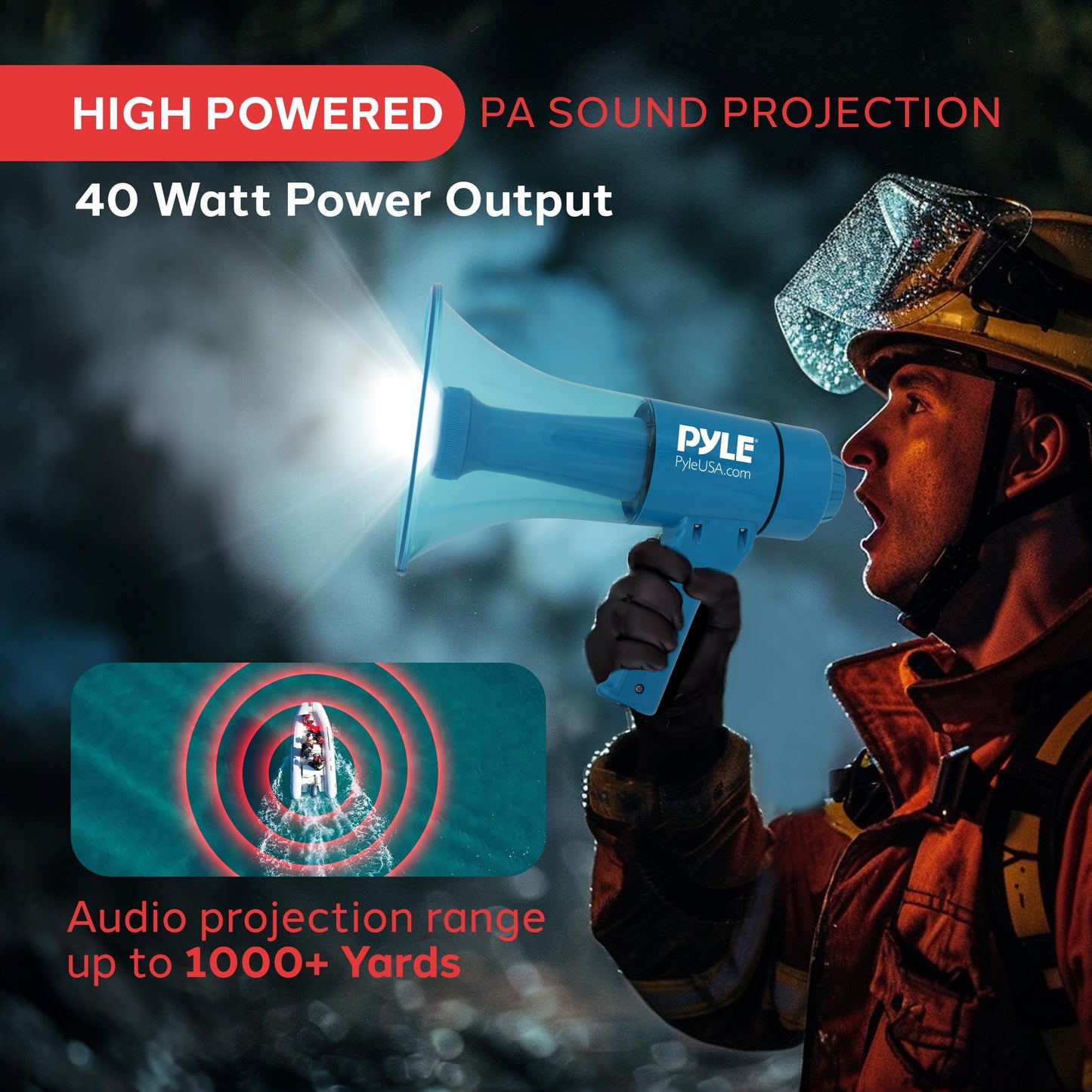 Pyle Compact and Portable Mega Phone Speaker - 40W Waterproof Bullhorn with Alarm Siren, Adjustable Volume, LED Flashlight, and AA Battery Power - Indoor/Outdoor Use for Cheering at Football Games