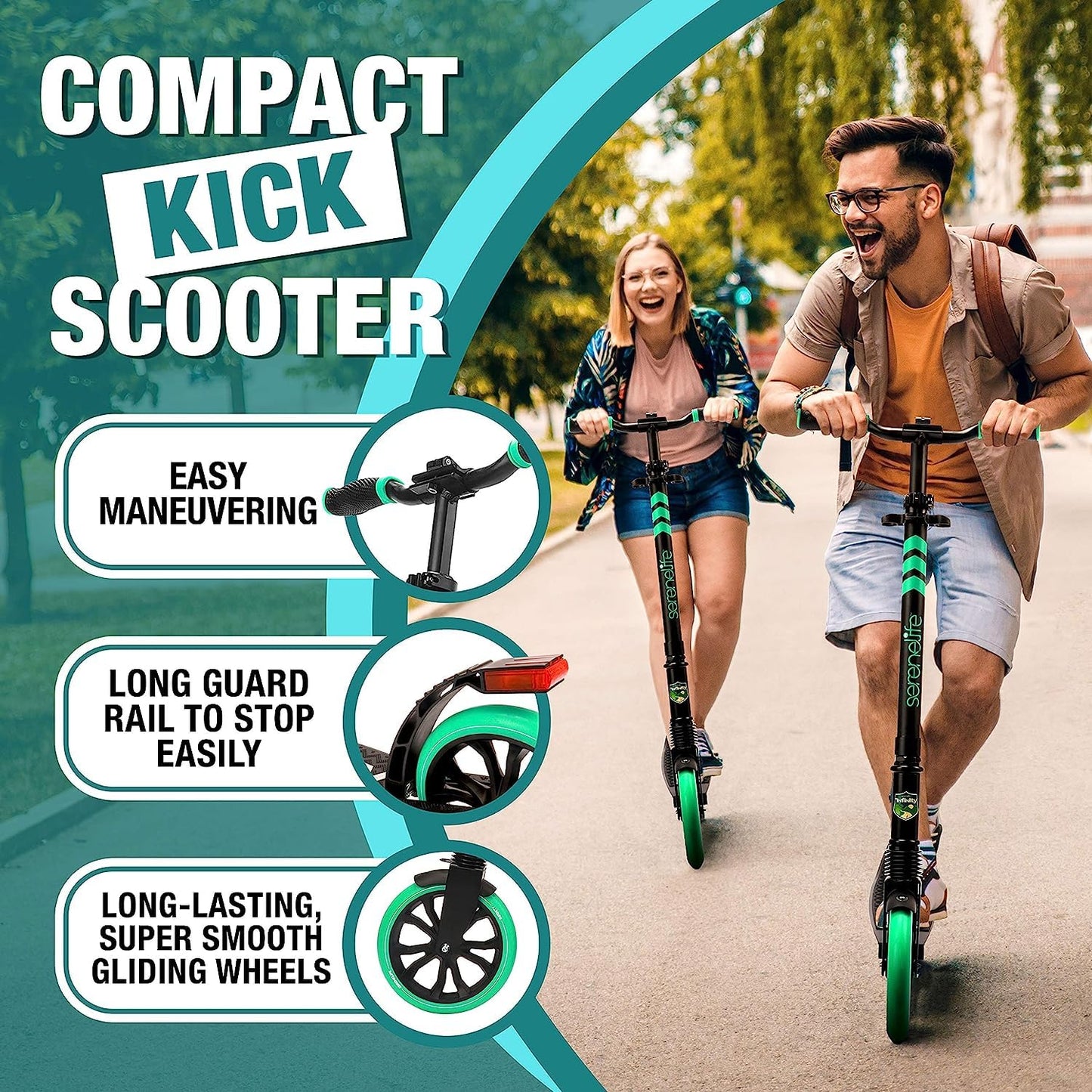 SereneLife Kick Scooter for Adults, Teenagers and Kids - 2 Wheel Scooter With Adjustable T-Bar Handlebar - Alloy Anti-Slip Deck - Portable Folding With Carrying Strap - Aqua