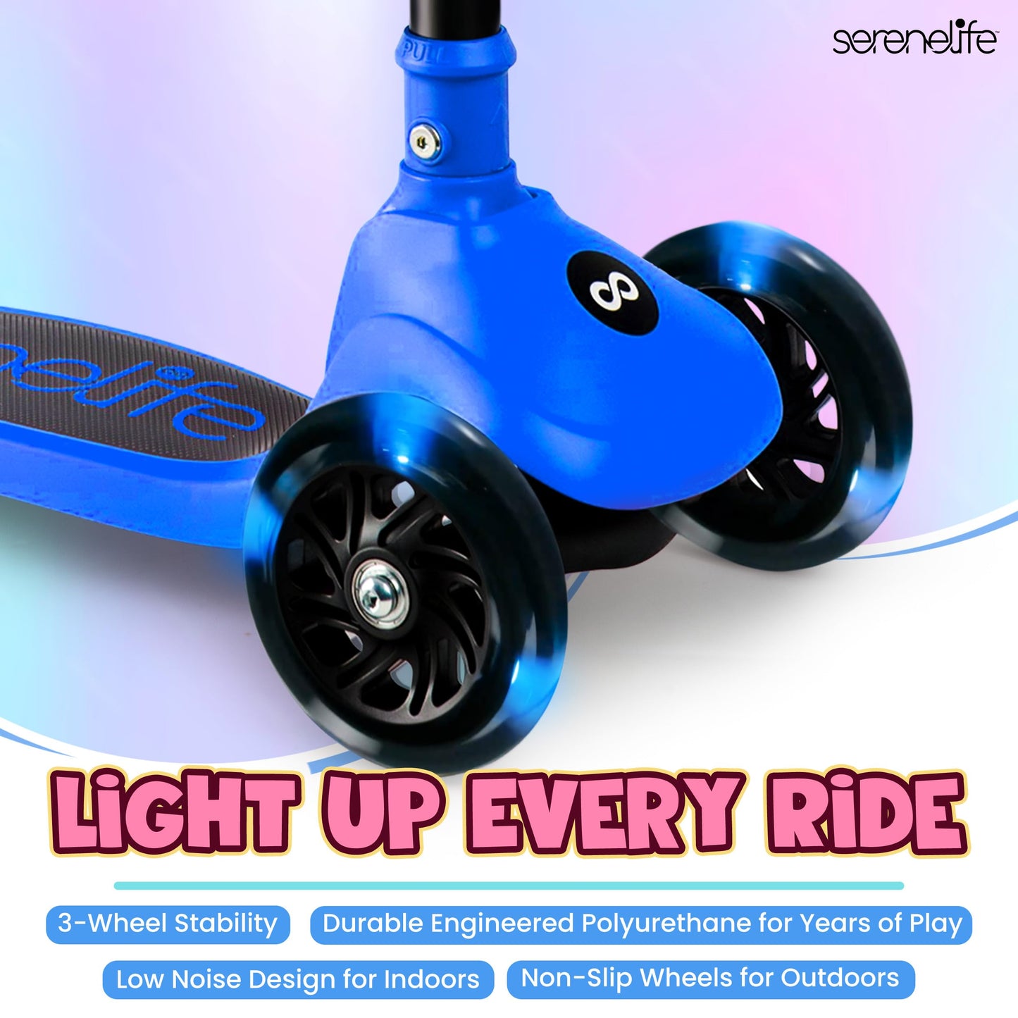 SereneLife 3 Wheel Foldable Kids Scooter - Foldable Seat, LED Wheel Lights, Adjustable Handlebar, Rear Foot Brake, Lean-to-Steer, Anti-Slip Deck, Ideal for Toddlers Kids 3+, up to 110Lbs, Blue