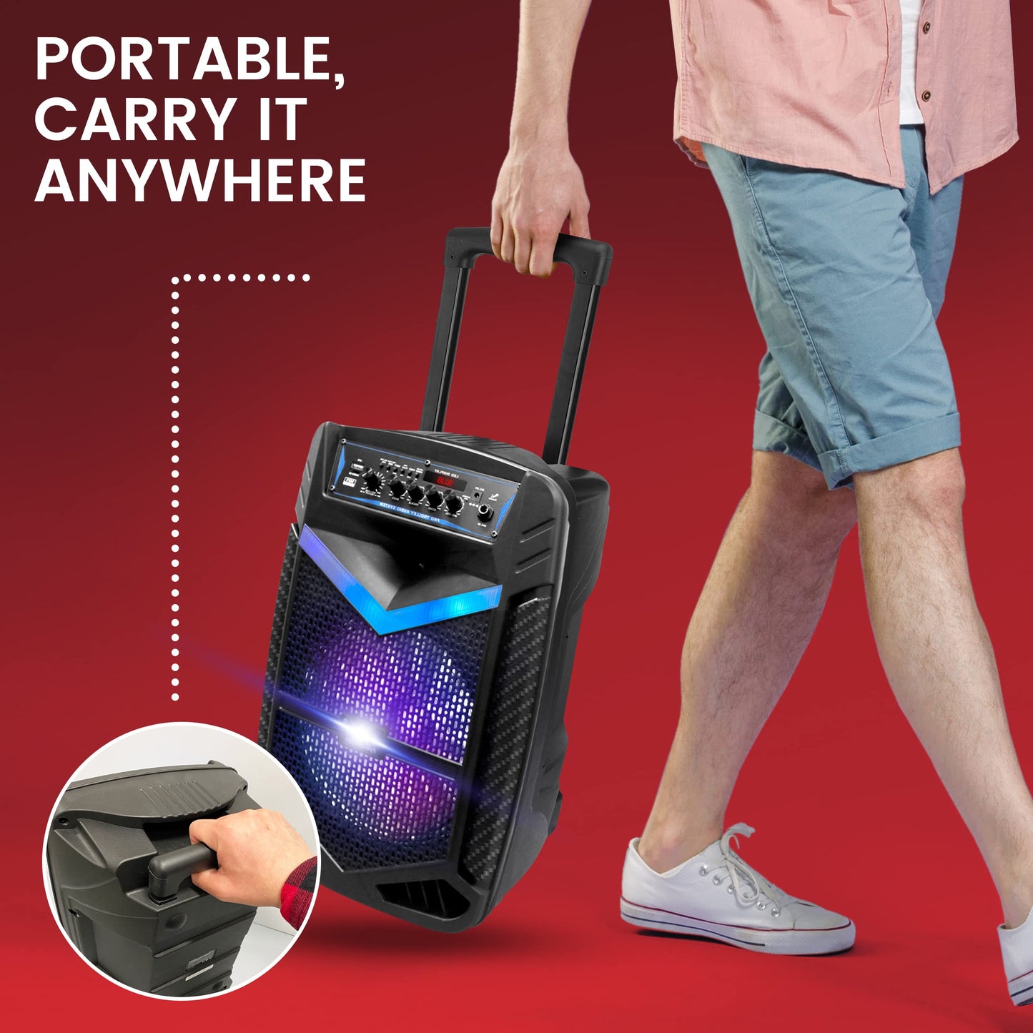 Pyle Portable Bluetooth PA Speaker System - 600W Rechargeable Outdoor Bluetooth Speaker Portable PA System w/ 10” Subwoofer 1” Tweeter, Recording Function, Mic In Party Lights USB/SD Radio