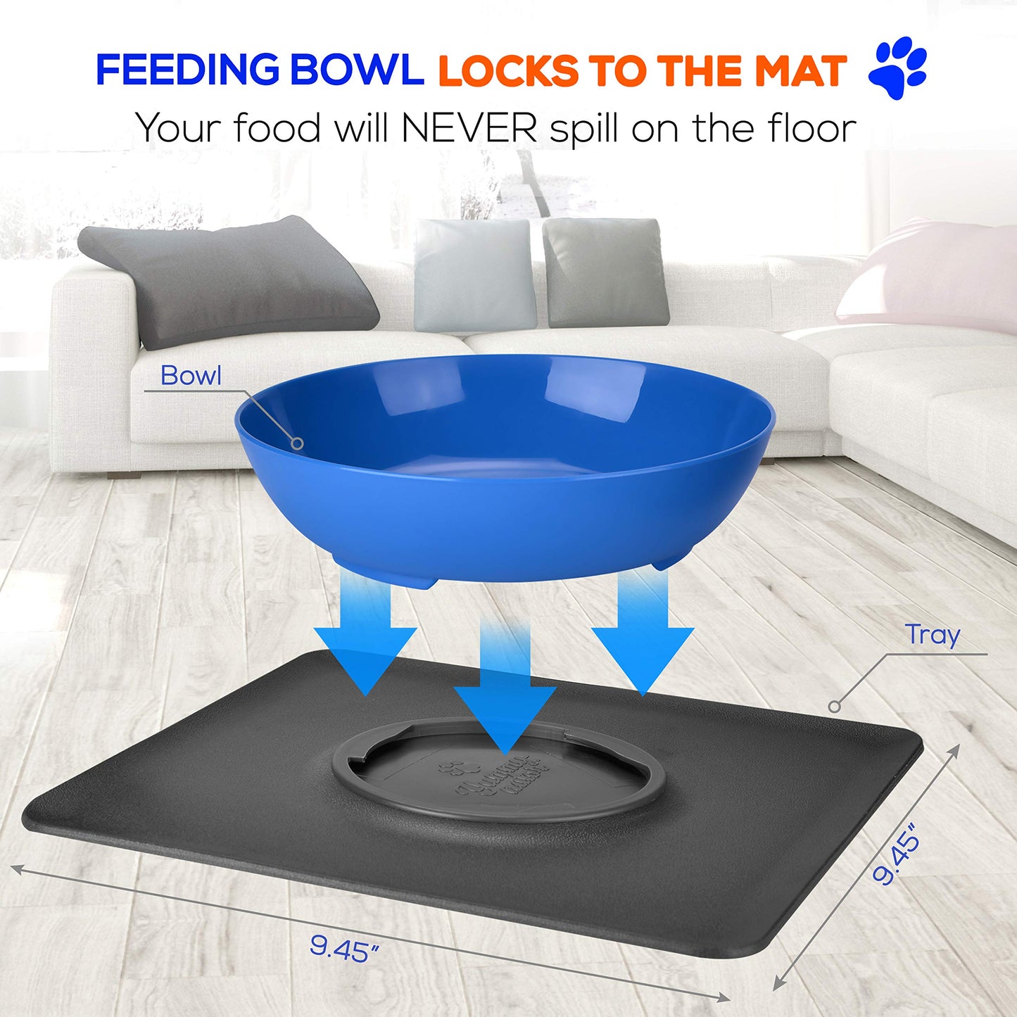 SereneLife Flip Spill Proof Set-Interlocking Non Skid Pet Puppy Cat Dog Mat-Twisty Dish Food/Water Bowl for Mess Free Feeding SLTDG6, Medium, Blue (SLTDG66)