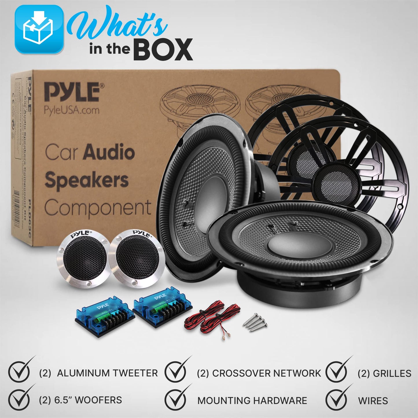 Pyle 6.5" Component Speakers for Car Audio - 2 Pair Kit Includes Pair of Crossover Networks and 1'' Aluminum Tweeters, Injection Cone with Rubber Edge - PLD63C