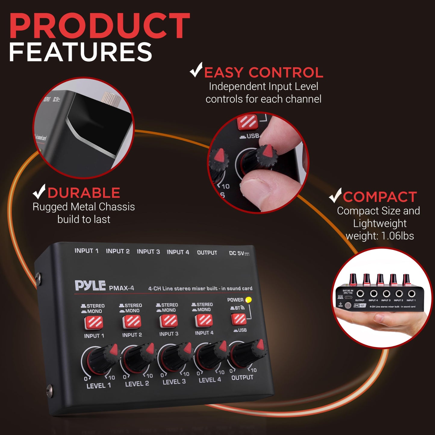 Pyle 4-Channel Wireless Bluetooth 5.0 Line Mixer - USB Audio Interface - 4 Mono/Stereo Inputs - Ultra-Low Noise - High Headroom - Built-in USB-C Sound Card - Compact Metal Chassis - PMAX4