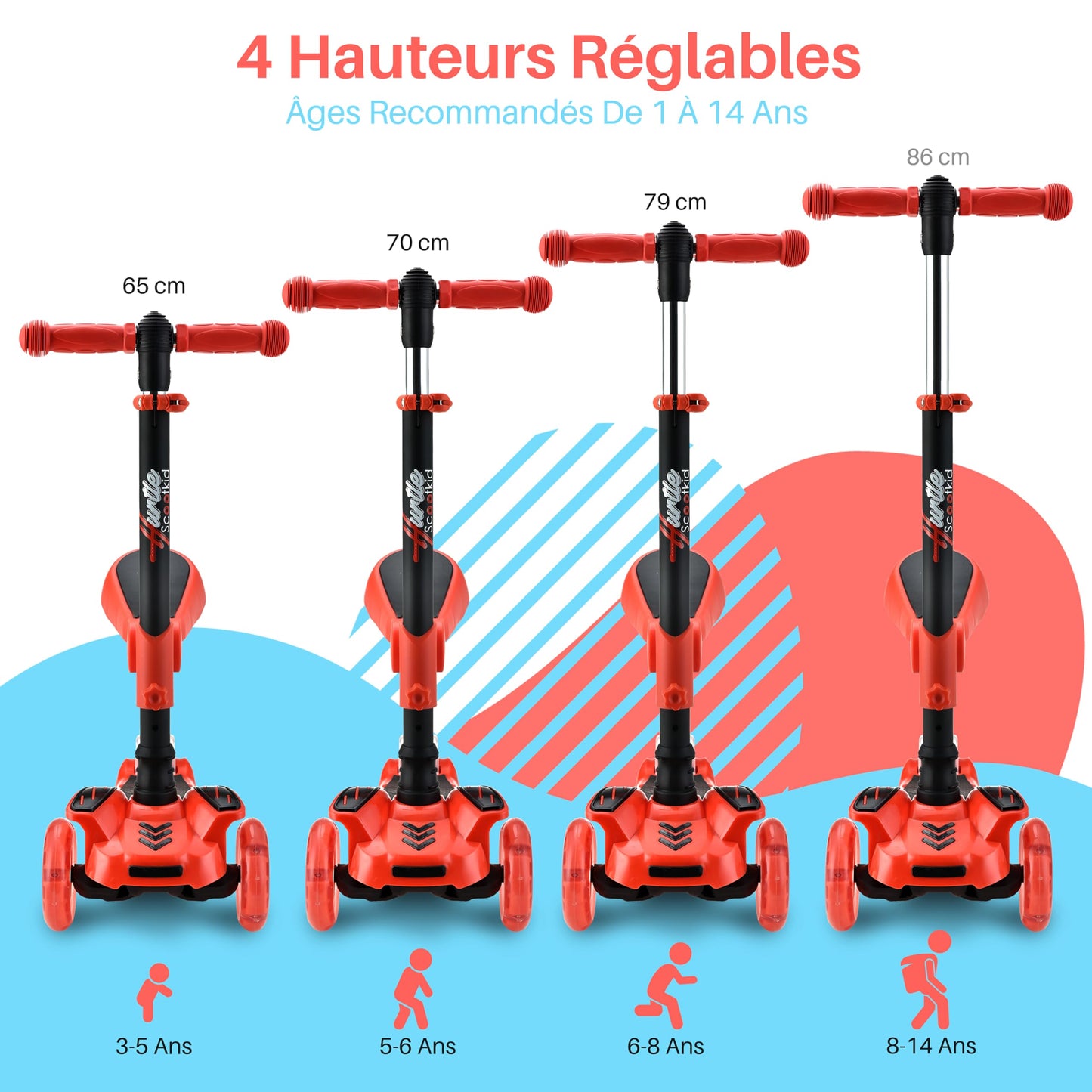 Hurtle 6 Wheeled Scooter for Kids - Stand & Cruise Child/Toddlers Toy Folding Kick Scooters w/Adjustable Height, Anti-Slip Deck, Flashing Wheel Lights, for Boys/Girls 2-12 Year Old - Hurtle