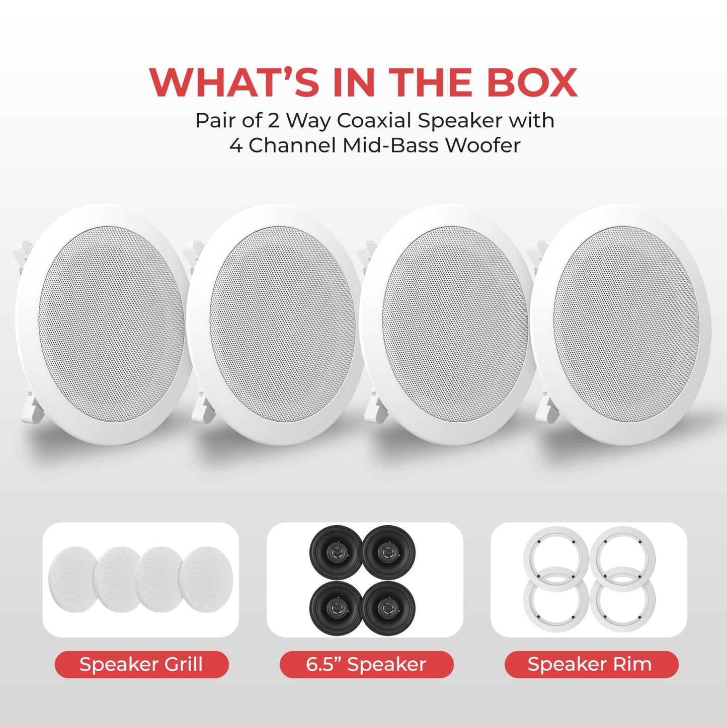 Pyle 6.5” 4 Bluetooth Flush Mount In-wall In-ceiling 2-Way Speaker System Quick Connections Changeable Round/Square Grill Polypropylene Cone & Tweeter Stereo Sound 4 Ch Amplifier 200 Watt - PDICBT266