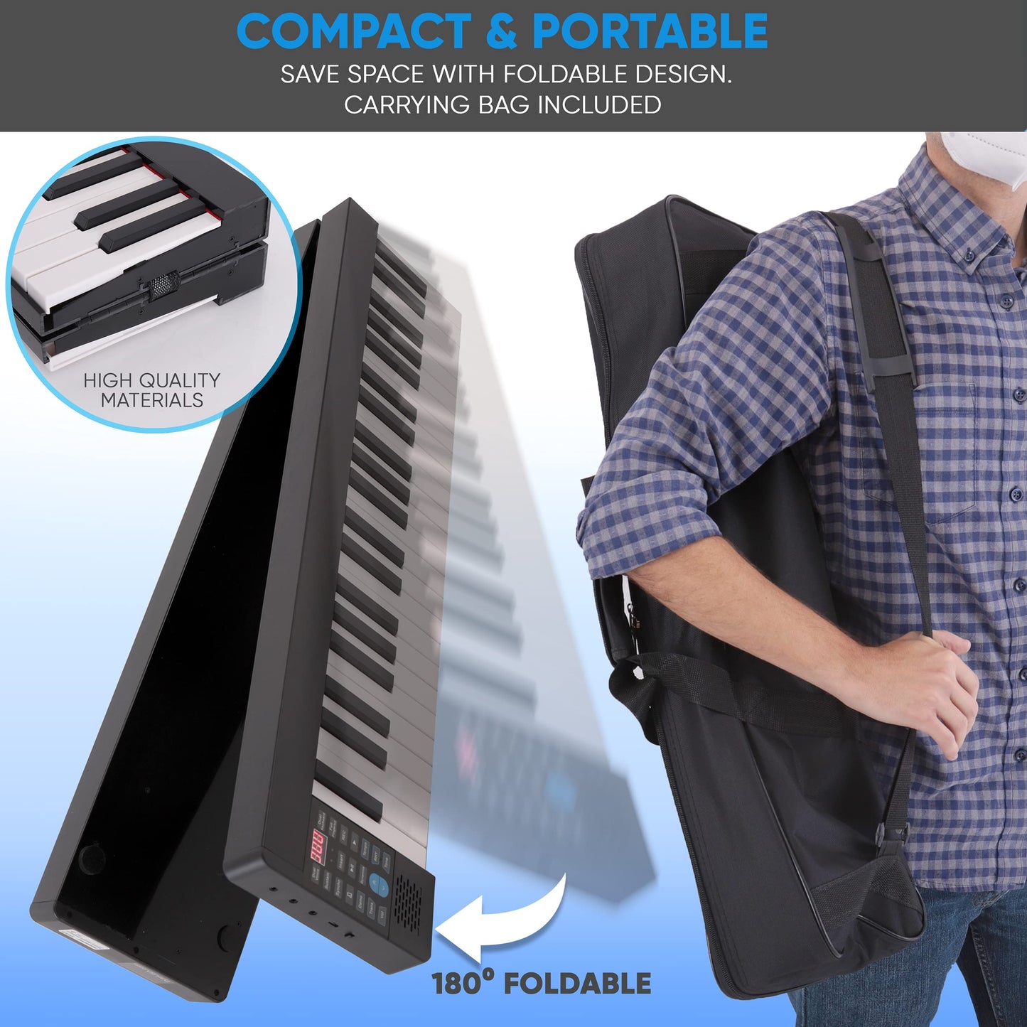 Pyle Electric Keyboard Piano 88 Keys - Portable Foldable Digital Piano Keyboard With Bluetooth, 128 Rhythms/Tones,Semi weighted keys, Sustain Pedal, Piano Bag - for Beginners, Kids,Adult -PKBRD8100