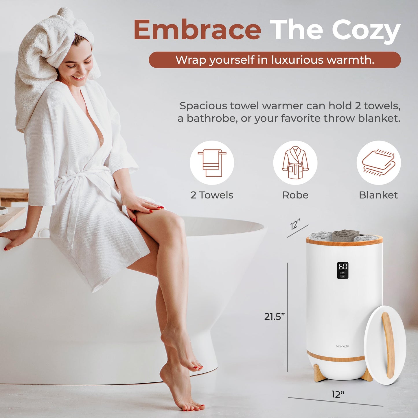 SereneLife Towel Warmers Bucket, with Customized Fragrance for Spa and Bathroom, Luxury Towel Heater Gifts for Him & Her, Auto Shut off, Fits 2 large Towels, Blankets, Bathrobes, PJ's (Bamboo)